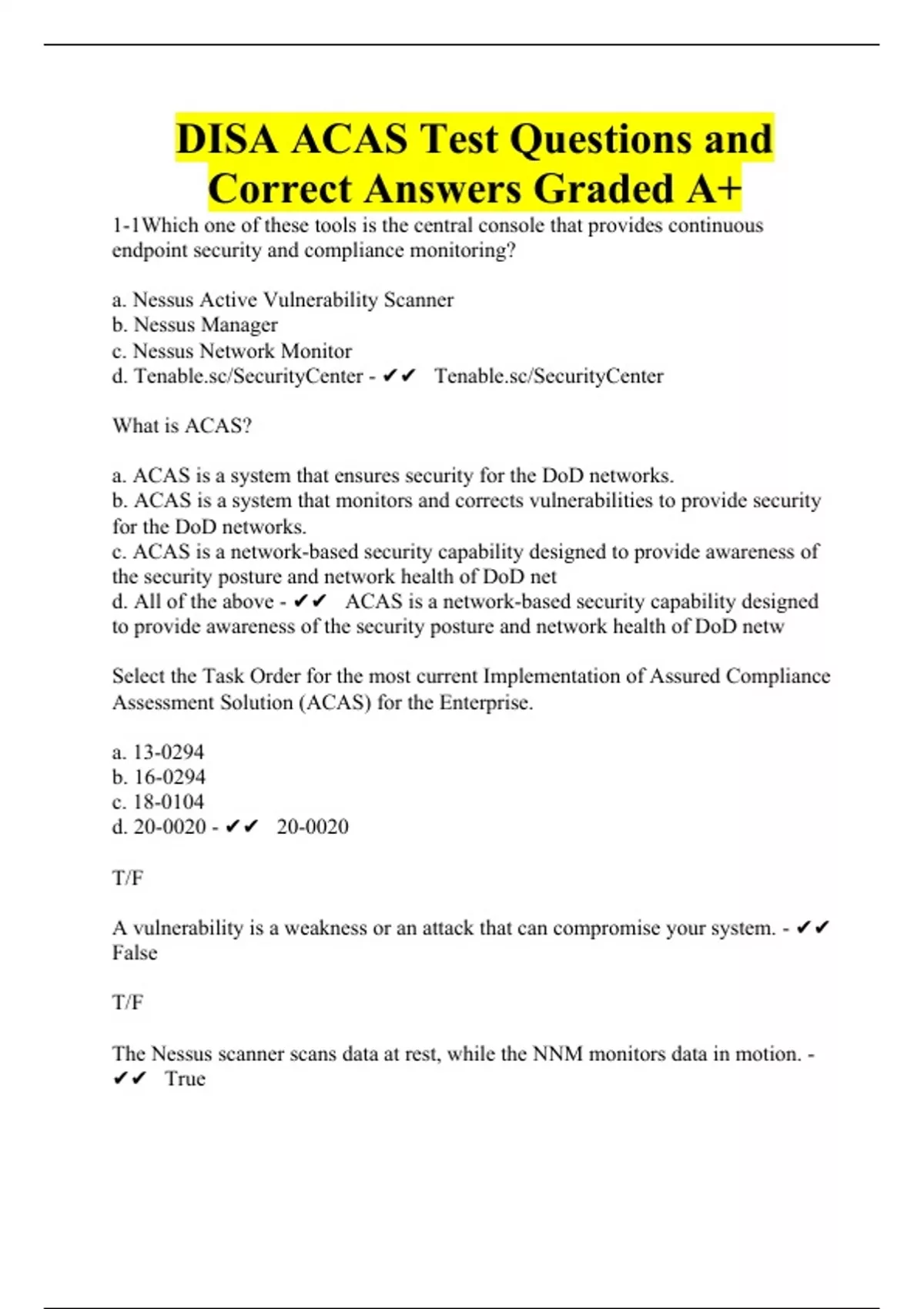 DISA ACAS Test Questions and Correct Answers Graded A+ - DISA ACAS ...