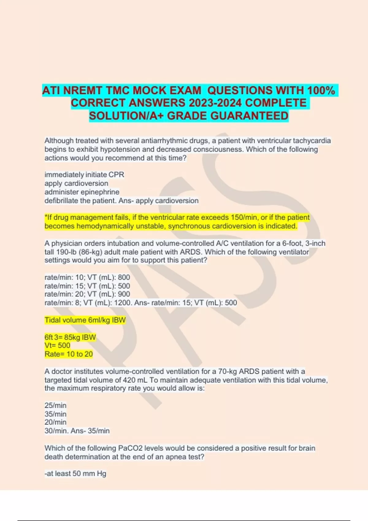 ATI NREMT TMC MOCK EXAM QUESTIONS WITH 100% CORRECT ANSWERS COMPLETE ...