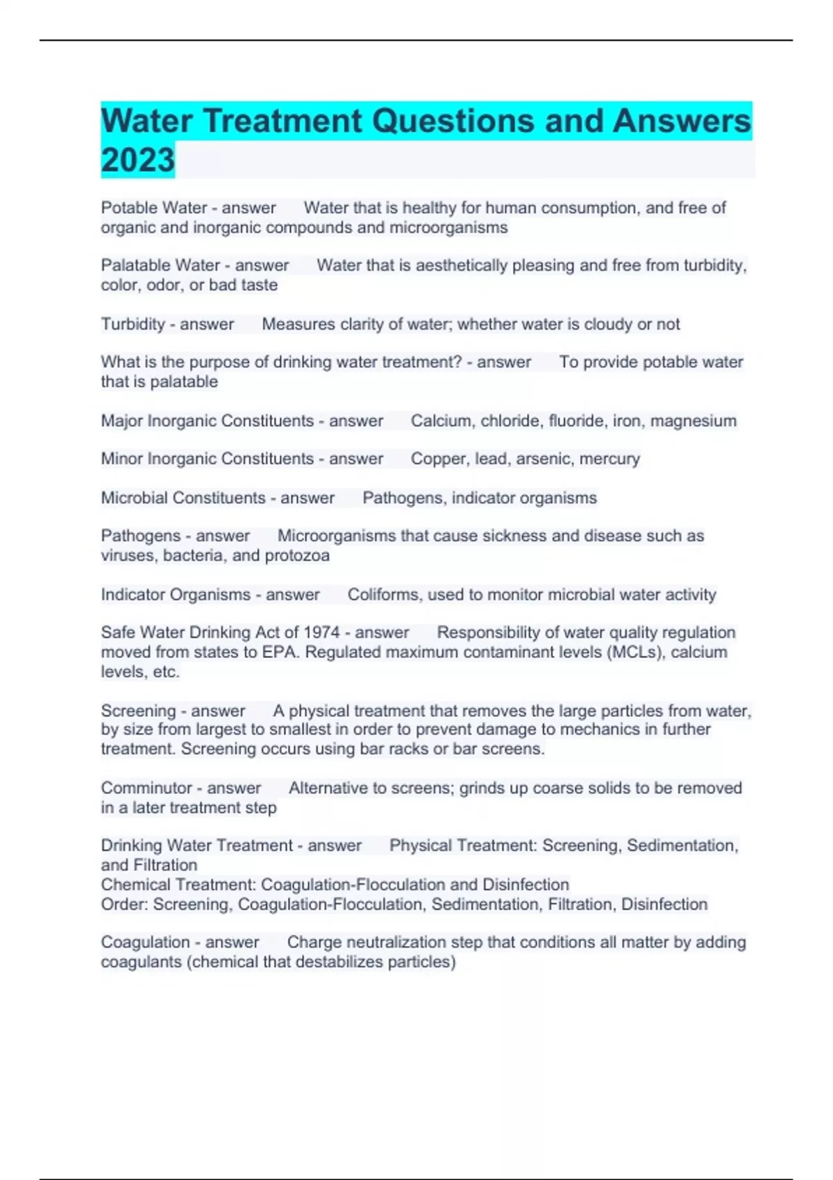 Water Treatment Questions and Answers 2023 Water treatment Stuvia US