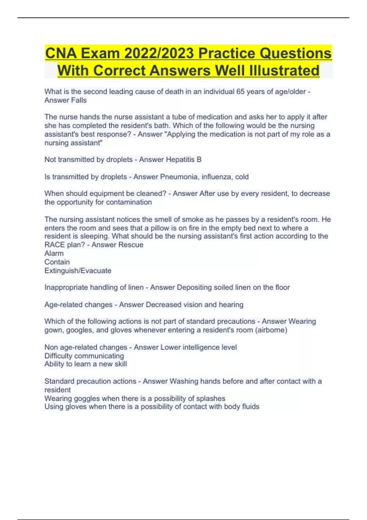 CNA Test 1 UPDATED With COMPLETE SOLUTION 2023/2024cna , 48 OFF