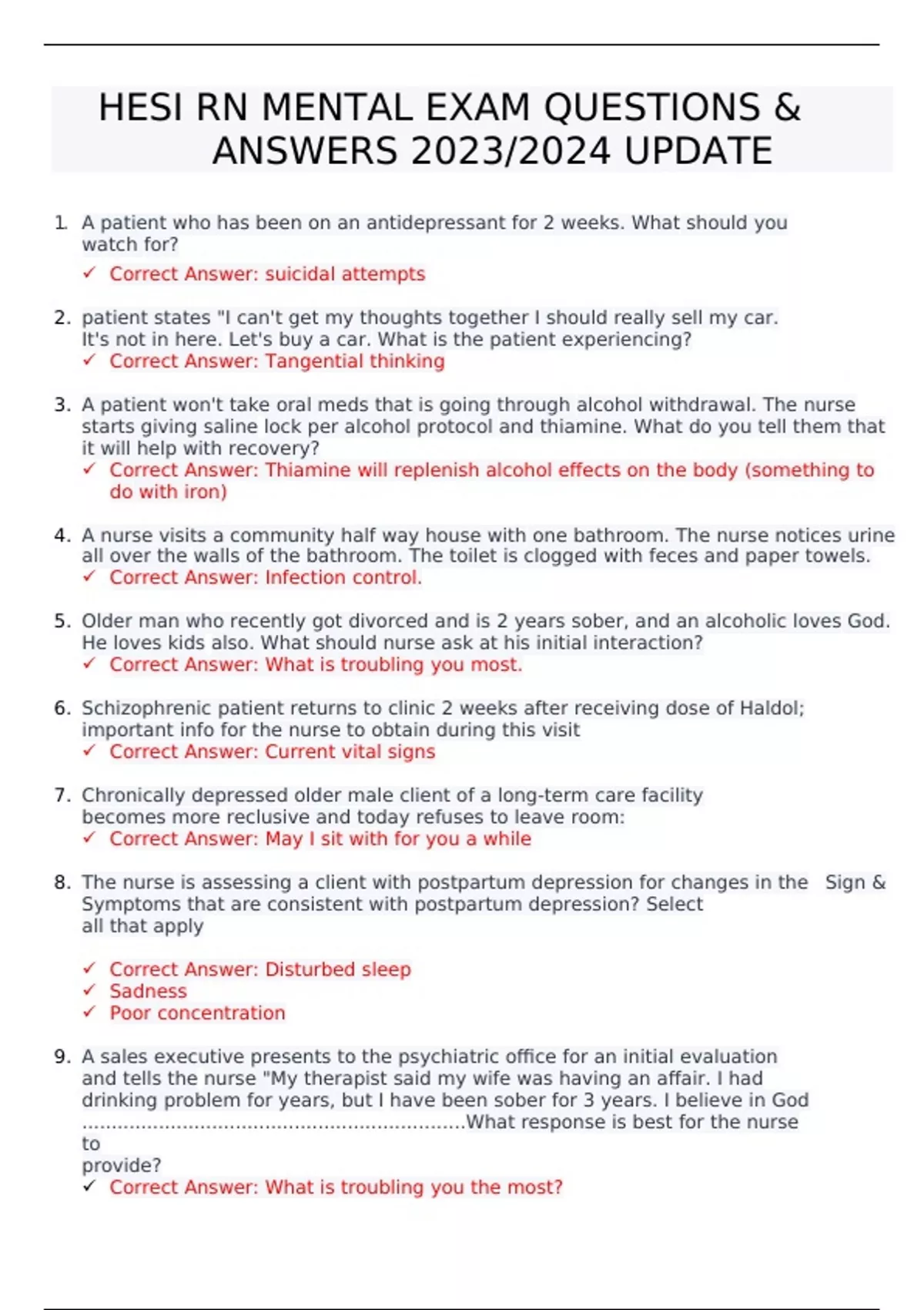 HESI RN MENTAL EXAM QUESTIONS & ANSWERS 2023/2024 UPDATE - HESI RN ...