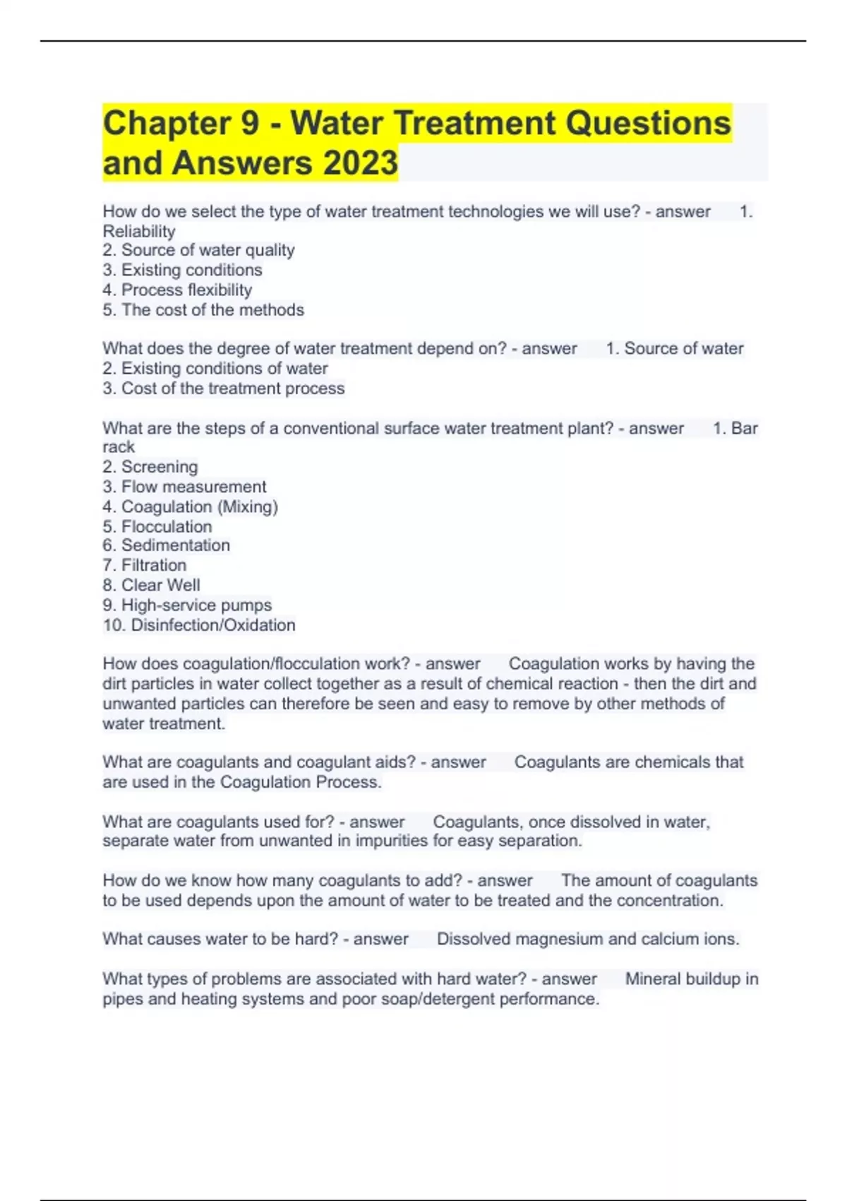 Chapter 9 Water Treatment Questions and Answers 2023 Water