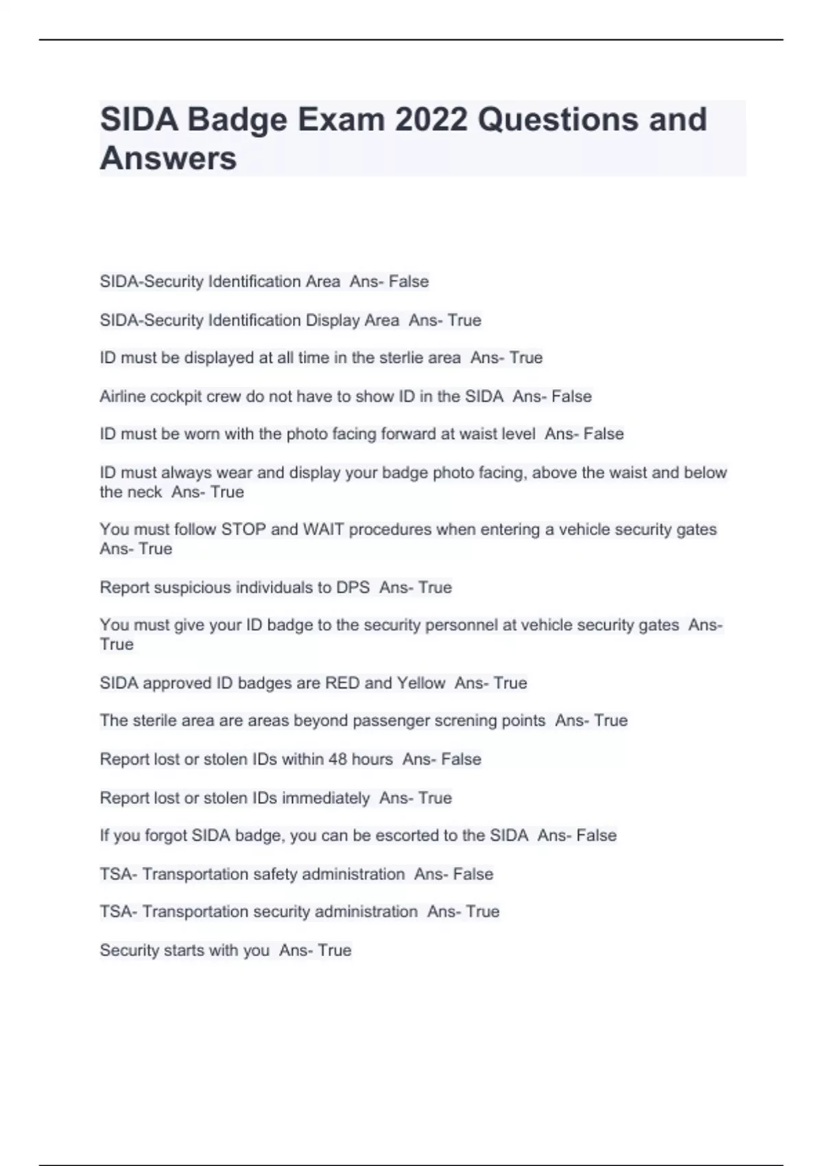 SIDA Badge Exam 2022 Questions and Answers SIDA Badge 2022 Stuvia US