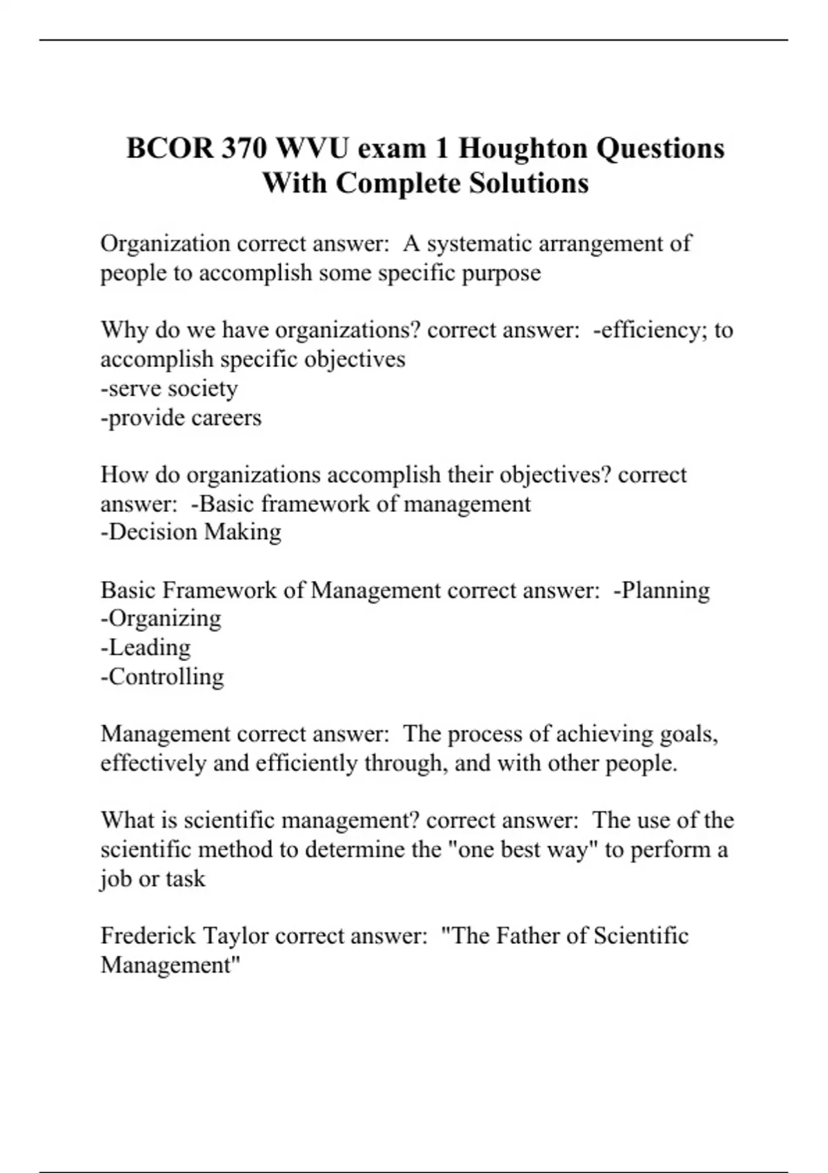 BCOR 370 WVU exam 1 Houghton Questions With Complete Solutions - BCOR ...