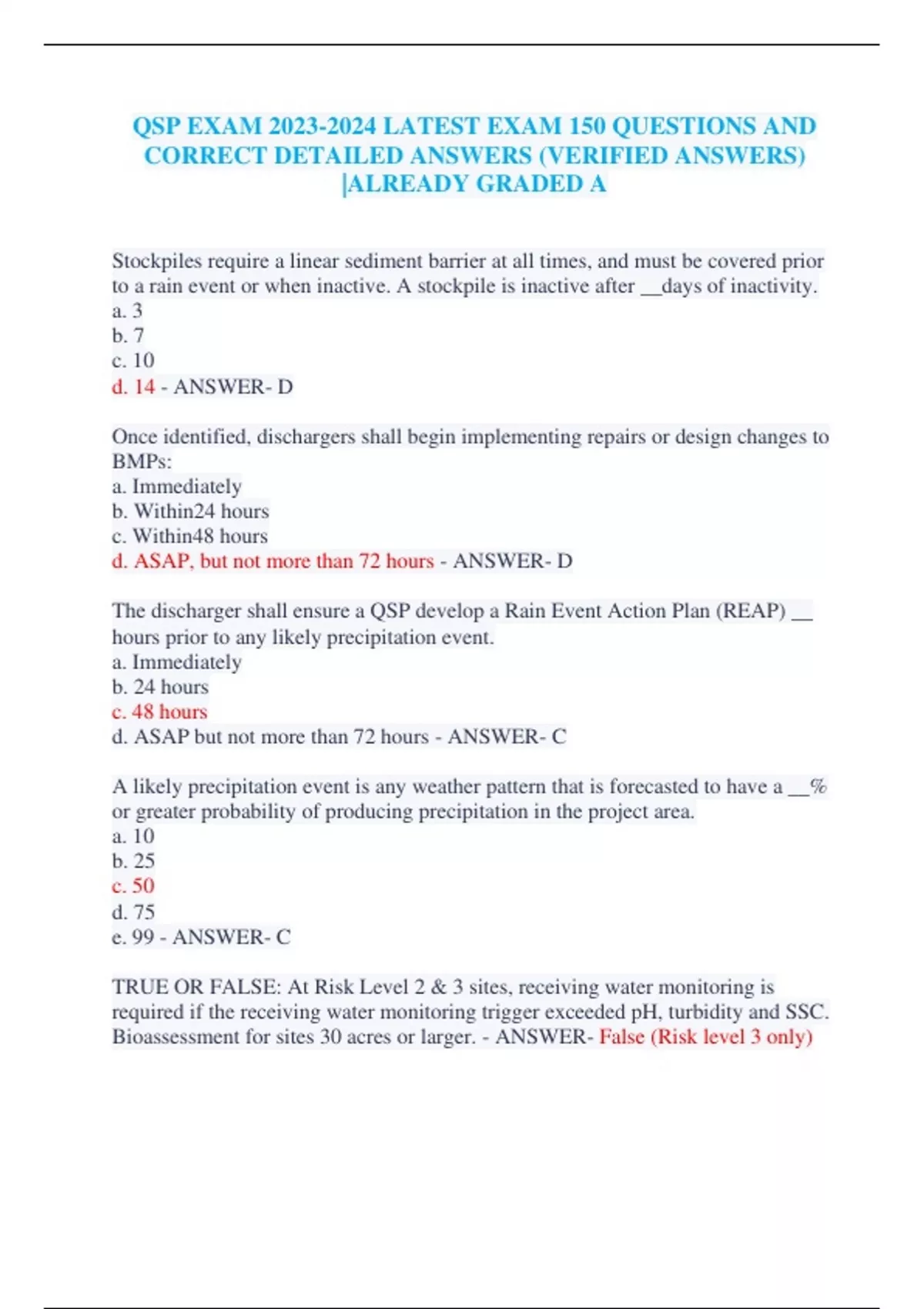 QSP EXAM 20232024 LATEST EXAM 150 QUESTIONS AND CORRECT DETAILED ANSWERS (VERIFIED ANSWERS