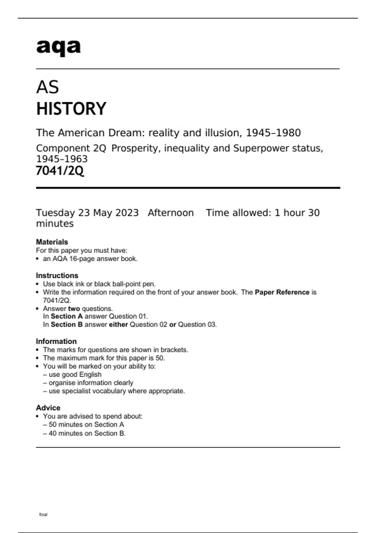 Aqa AS History 7041/2Q Question Paper and Mark Scheme June2023. - Stuvia US