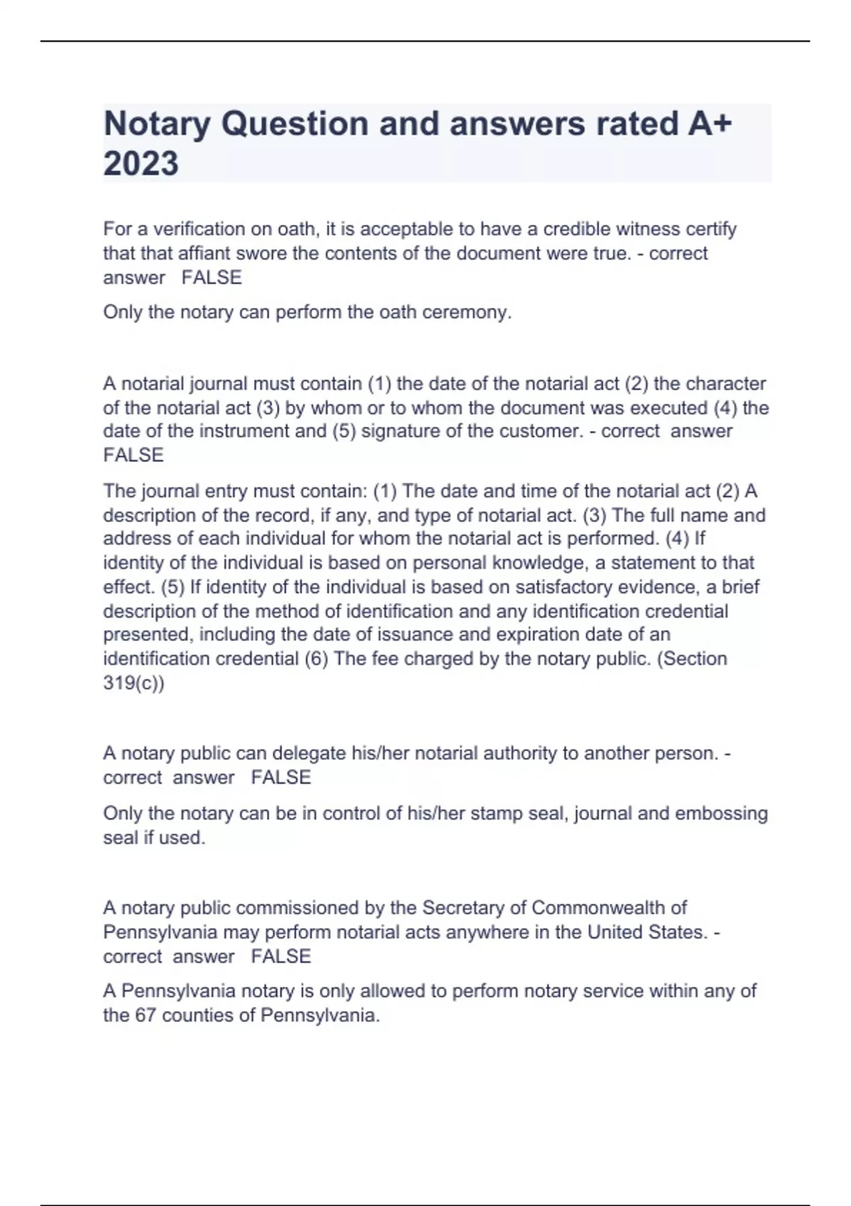 Notary Question and answers rated A+ 2023 Notary Stuvia US
