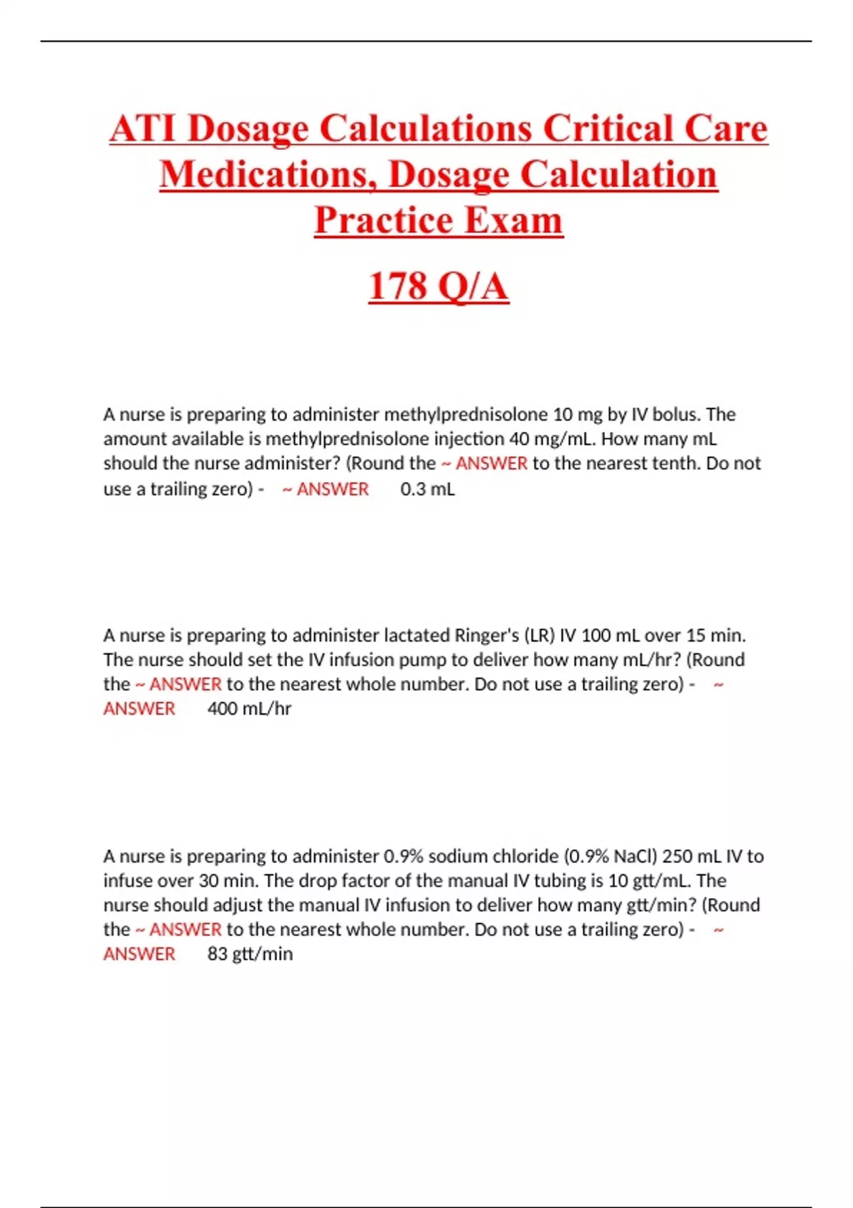ATI Dosage Calculations Critical Care Medications, Dosage Calculation