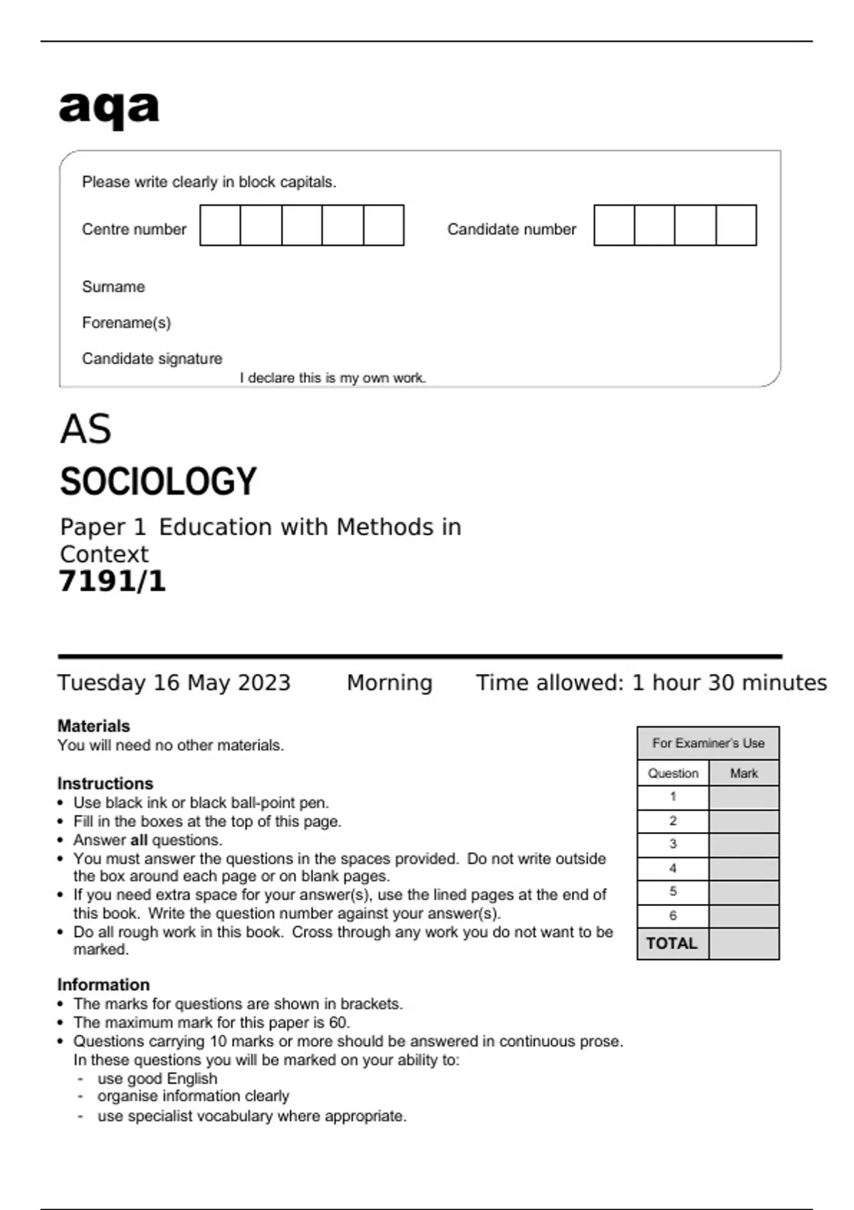 aqa AS SOCIOLOGY Paper 1 Education with Methods in Context (7191/1) MAY