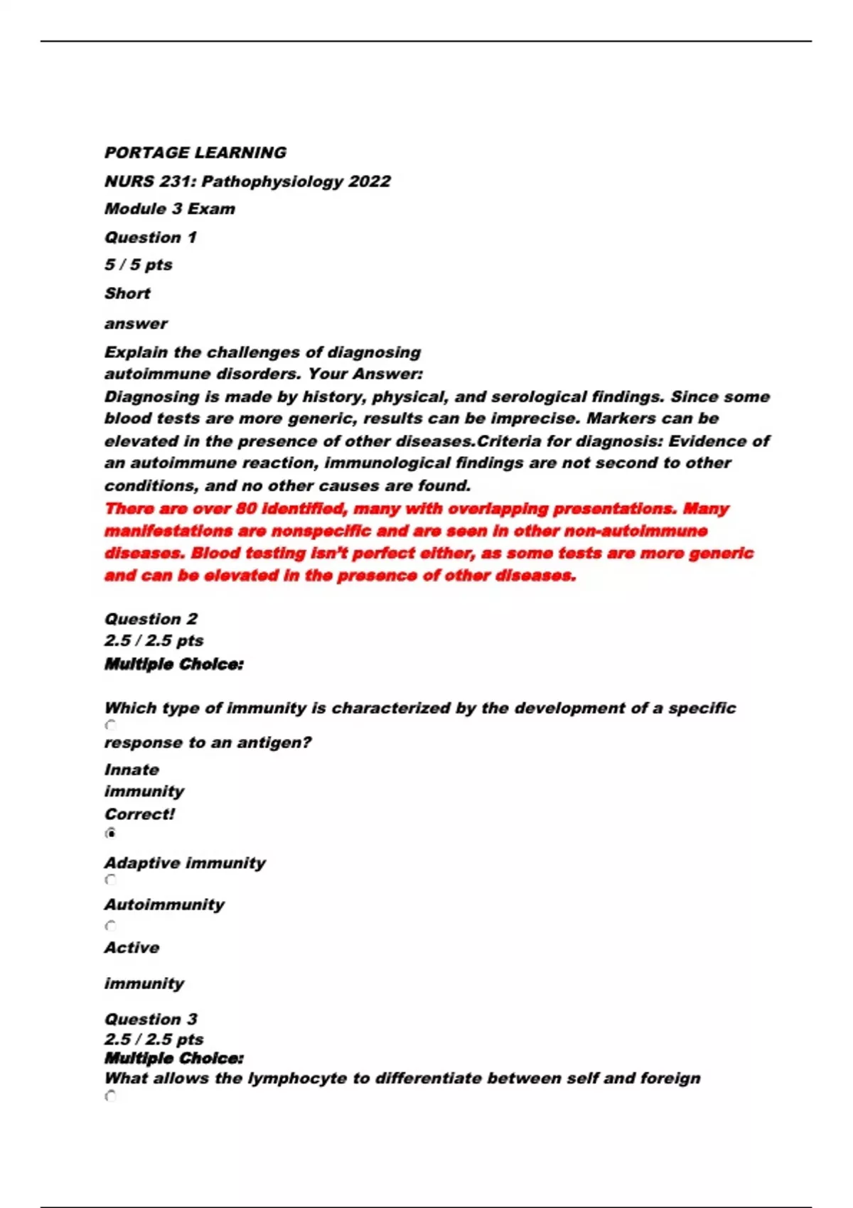 PORTAGE LEARNING NURS 231: Pathophysiology 2022 Module 3 Exam - NURS ...