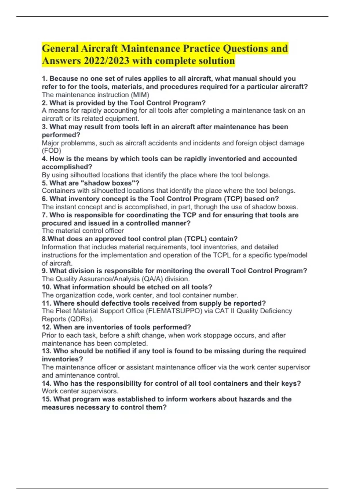 General Aircraft Maintenance Practice Questions and Answers 2022/2023