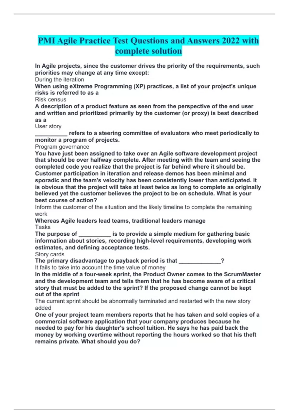 Agile Practice Test Questions and Answers 2022 with complete solution