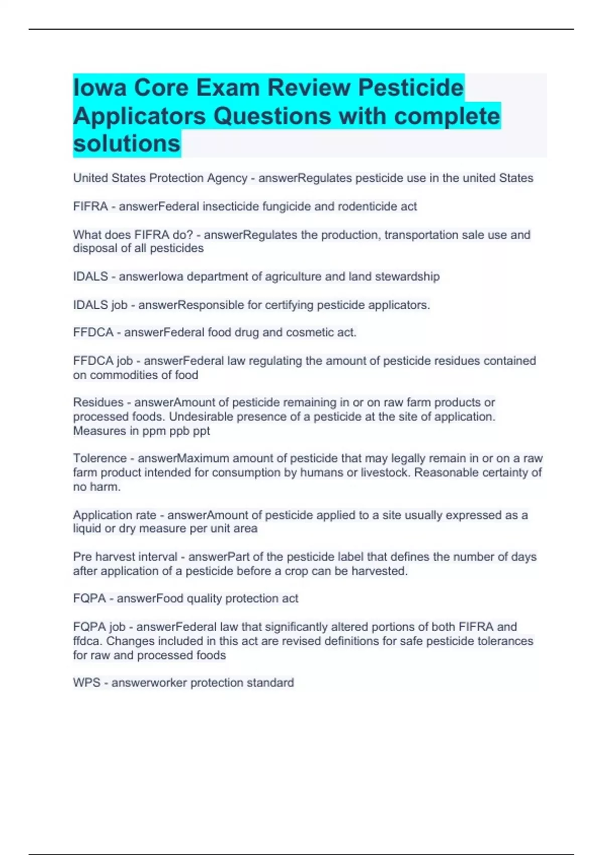Iowa Core Exam Review Pesticide Applicators Questions with complete