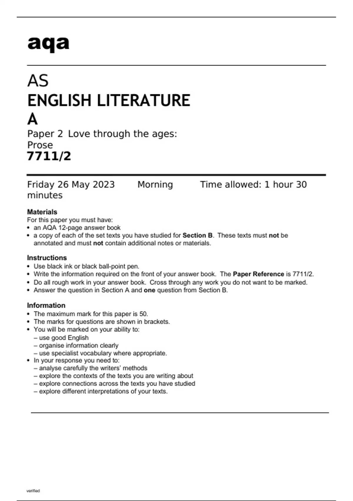 Aqa AS English Literature A 7711/2 Question Paper and Mark Scheme ...