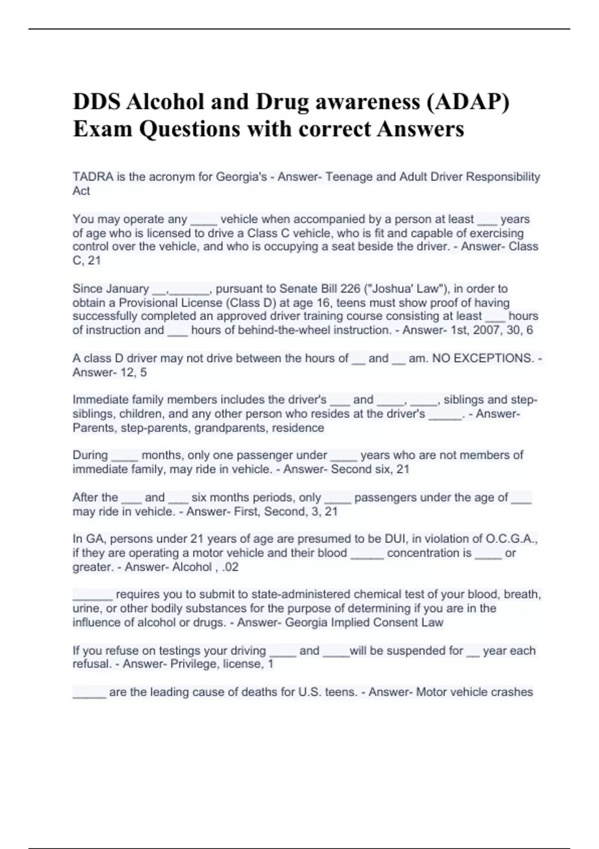 DDS Alcohol and Drug awareness (ADAP) Exam Questions with correct