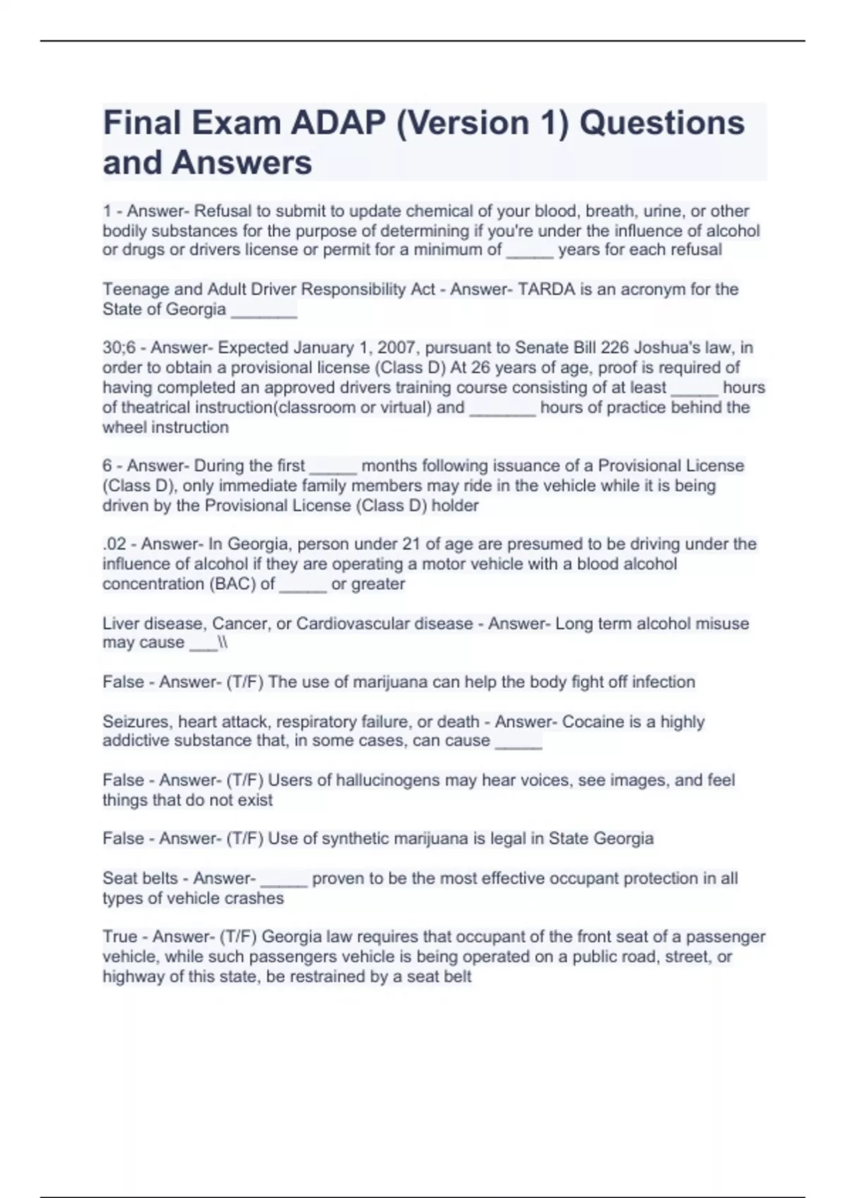 Final Exam ADAP (Version 1) Questions and Answers ADAP Stuvia US