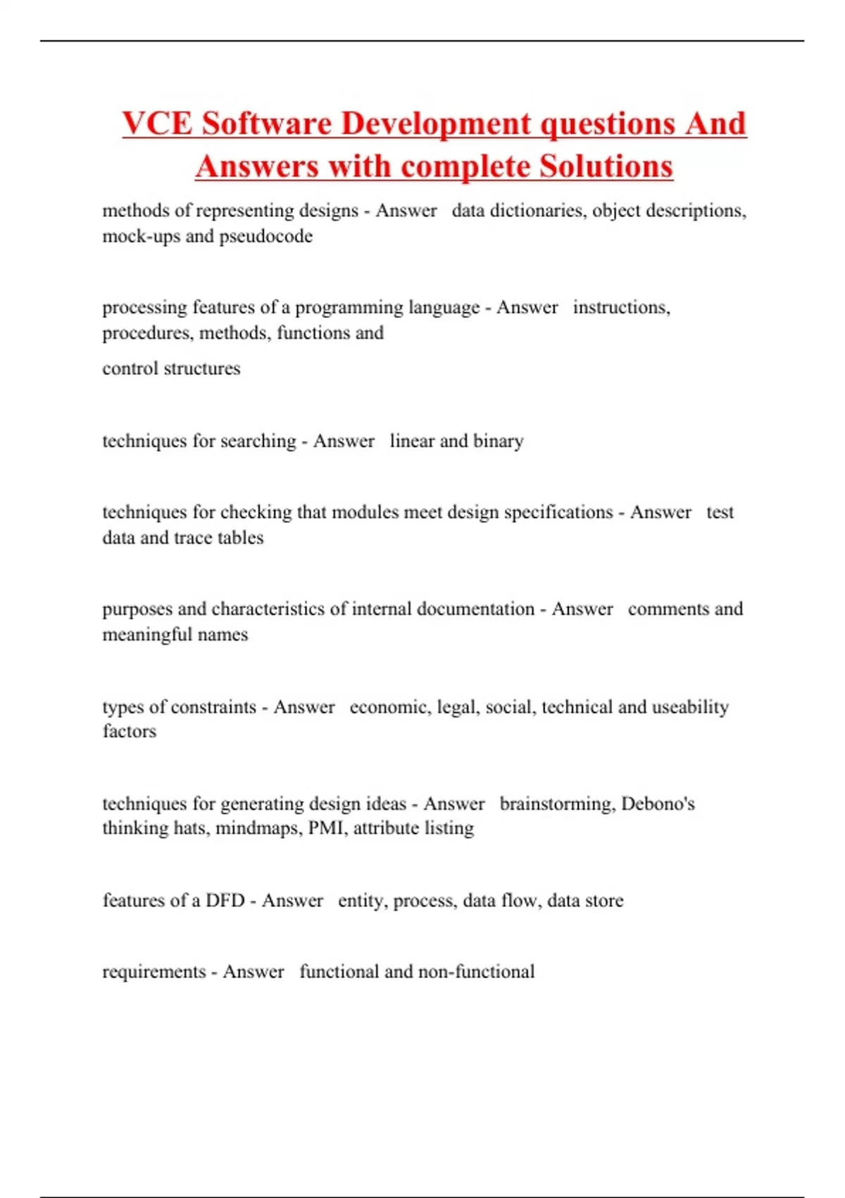 VCE Software Development questions And Answers with complete Solutions ...