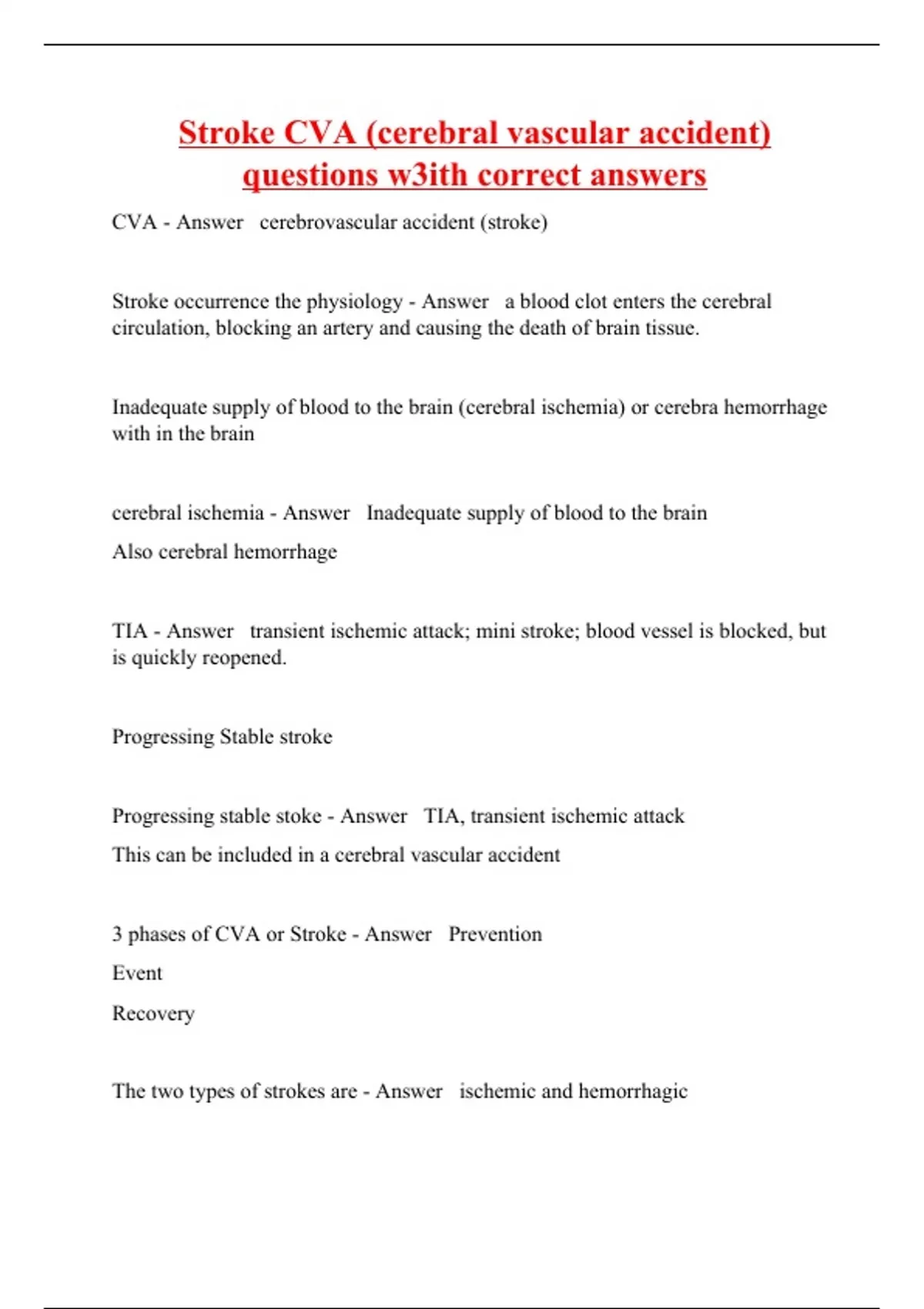 Stroke CVA (cerebral vascular accident) questions w3ith correct answers