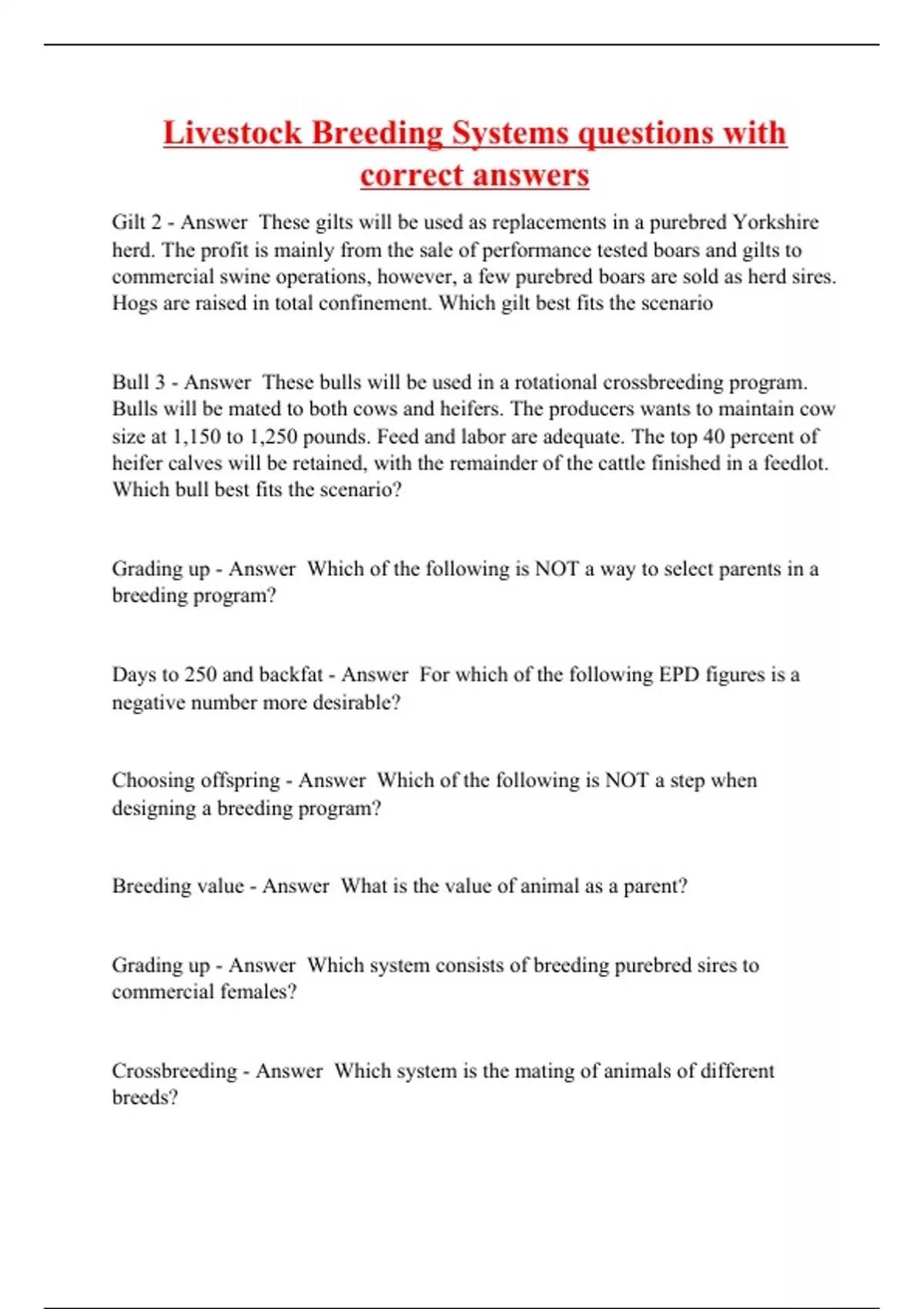 Livestock Breeding Systems questions with correct answers Livestock