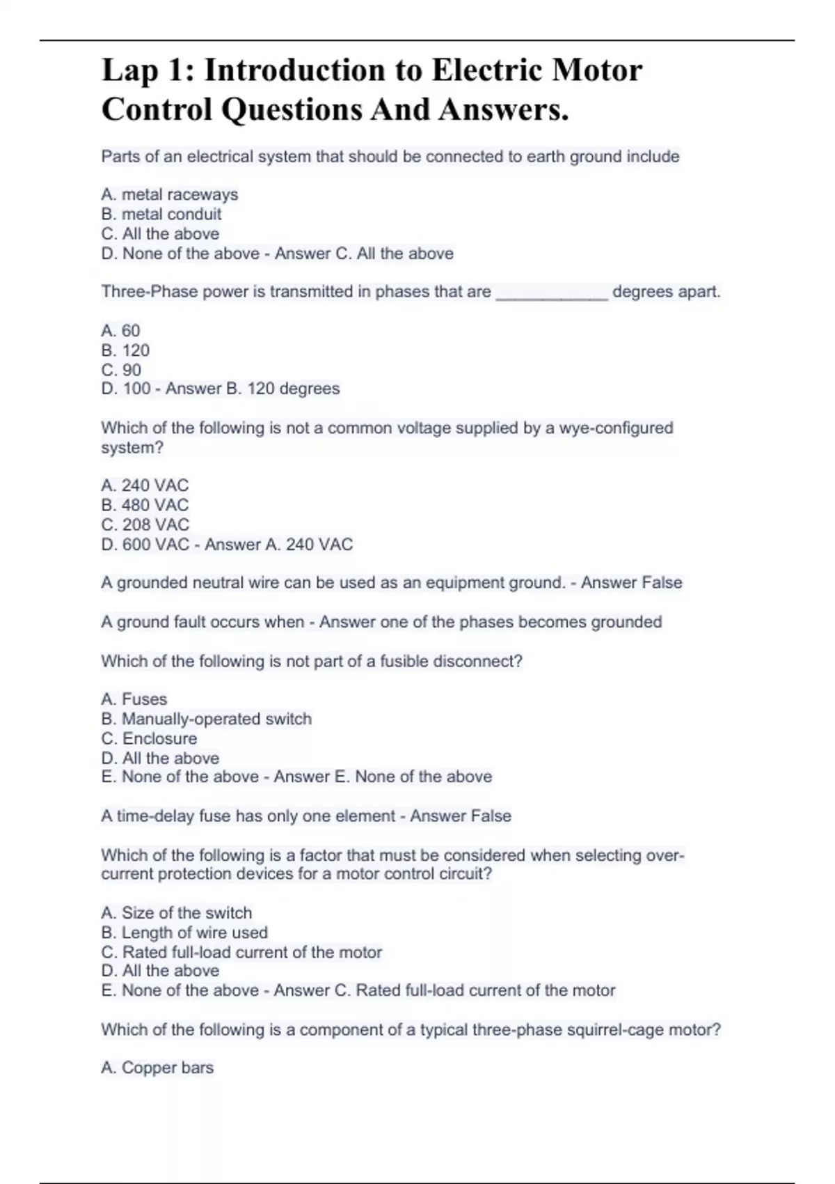 Lap 1 Introduction to Electric Motor Control Questions And Answers