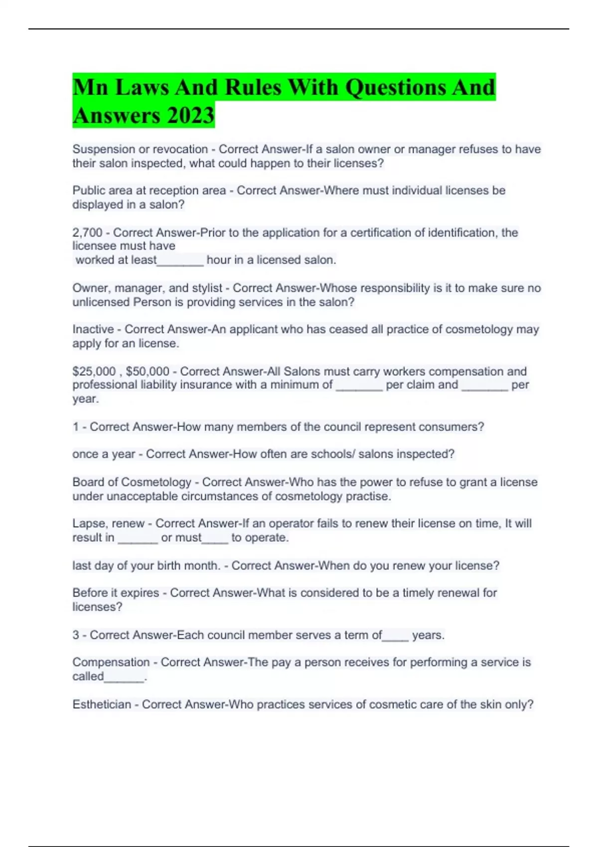 Mn Laws And Rules With Questions And Answers 2023 Mn Laws And Rules