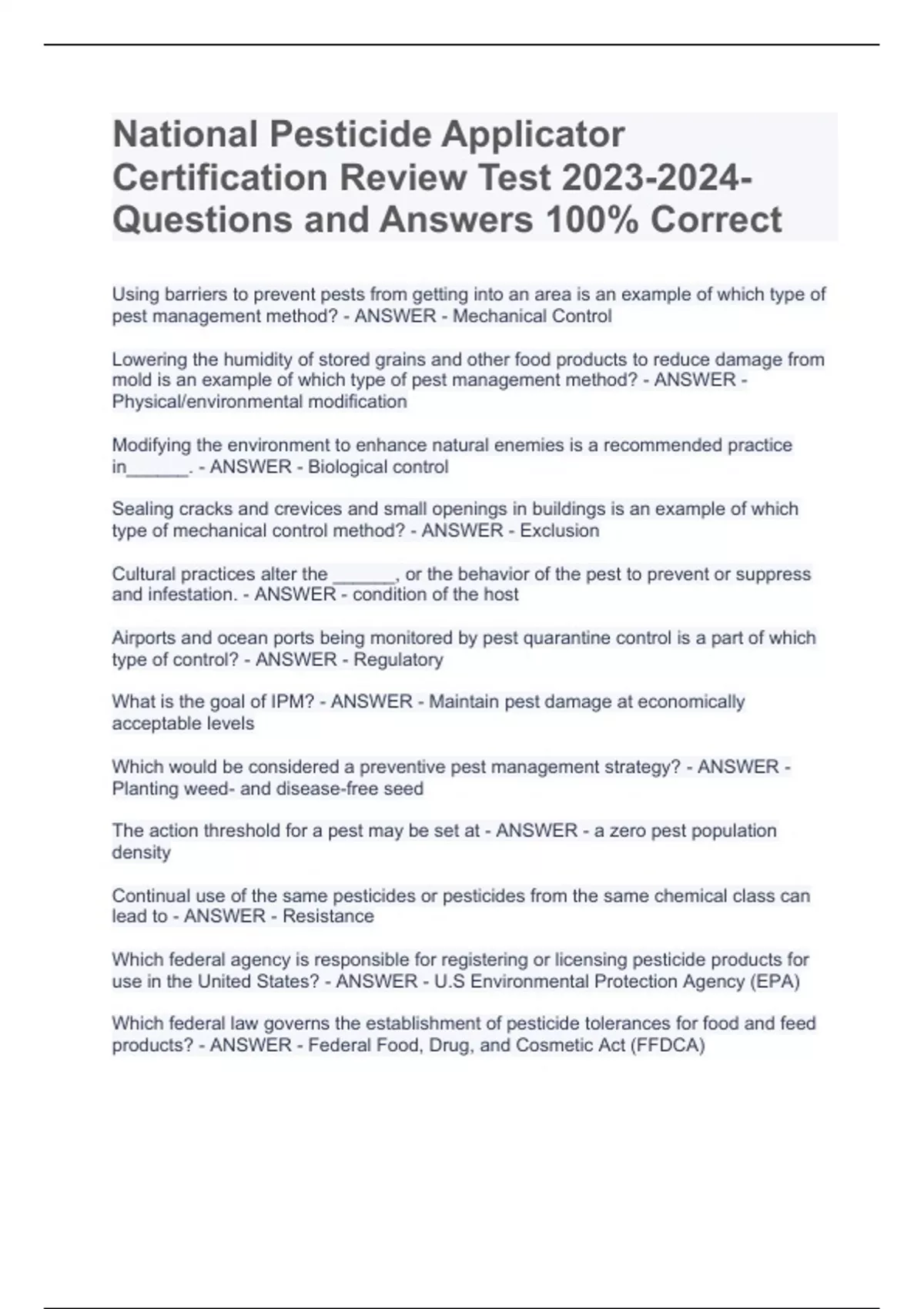 National Pesticide Applicator Certification Review Test 20232024