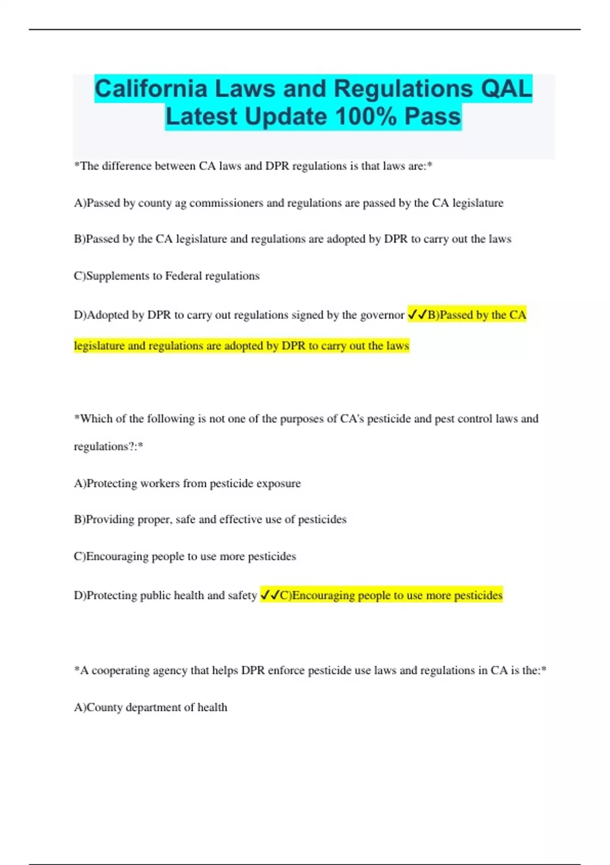 California Laws and Regulations QAL Latest Update 100% Pass ...