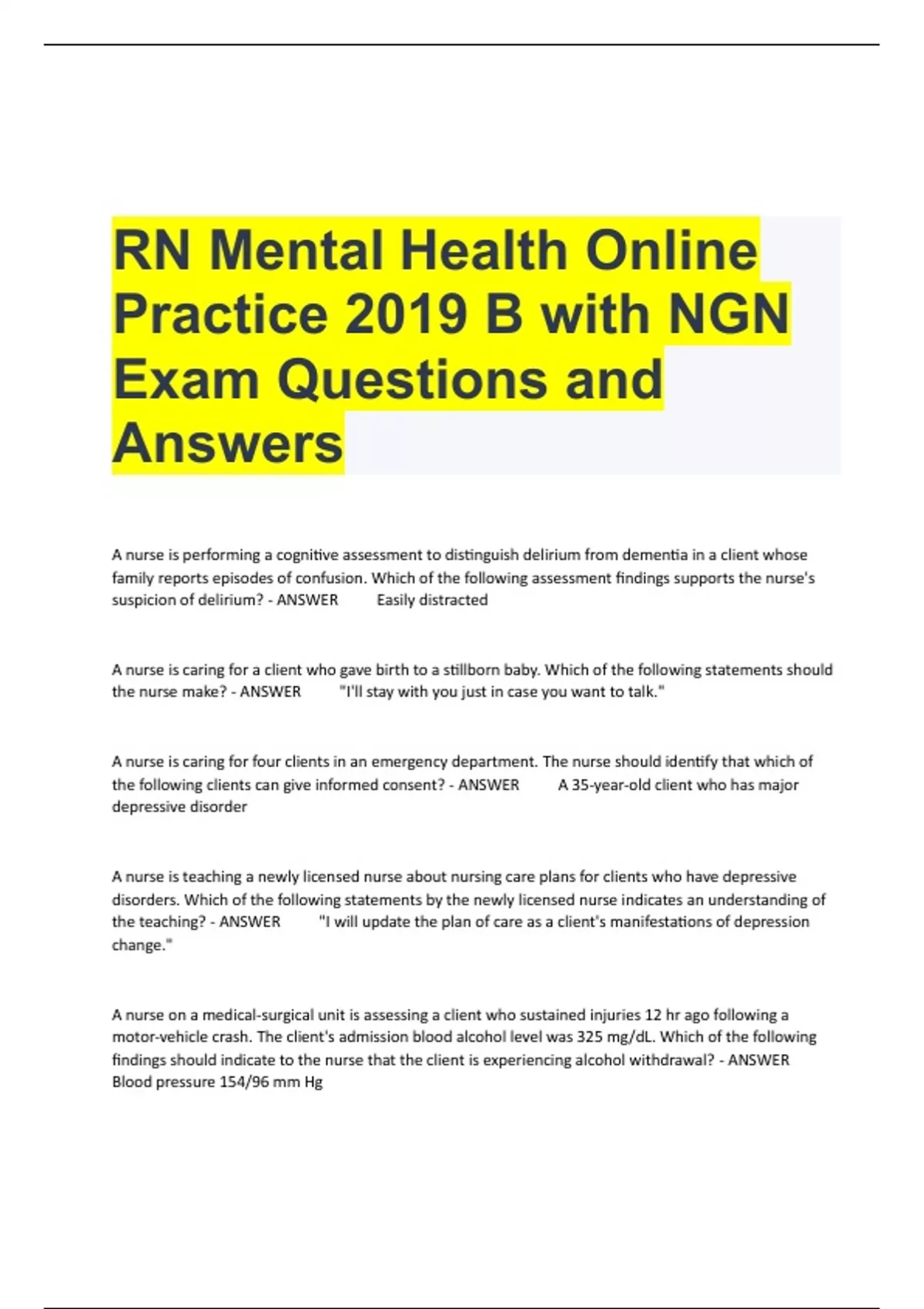 RN Mental Health Online Practice 2019 B with NGN Exam Questions and