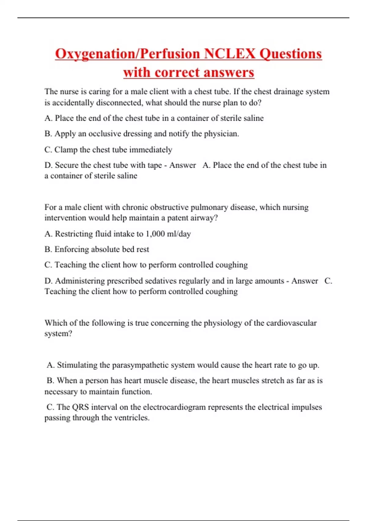 Oxygenation/Perfusion NCLEX Questions with correct answers