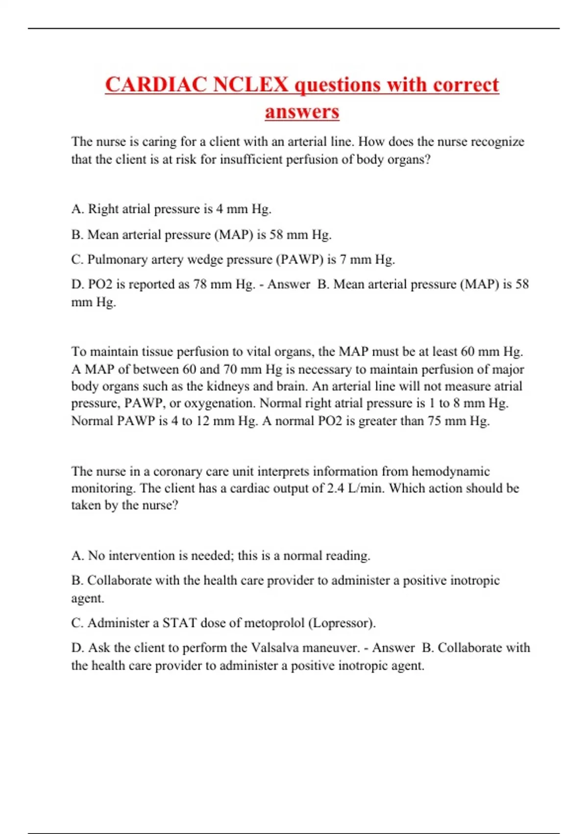 CARDIAC NCLEX questions with correct answers Cardiac cath lab Stuvia US