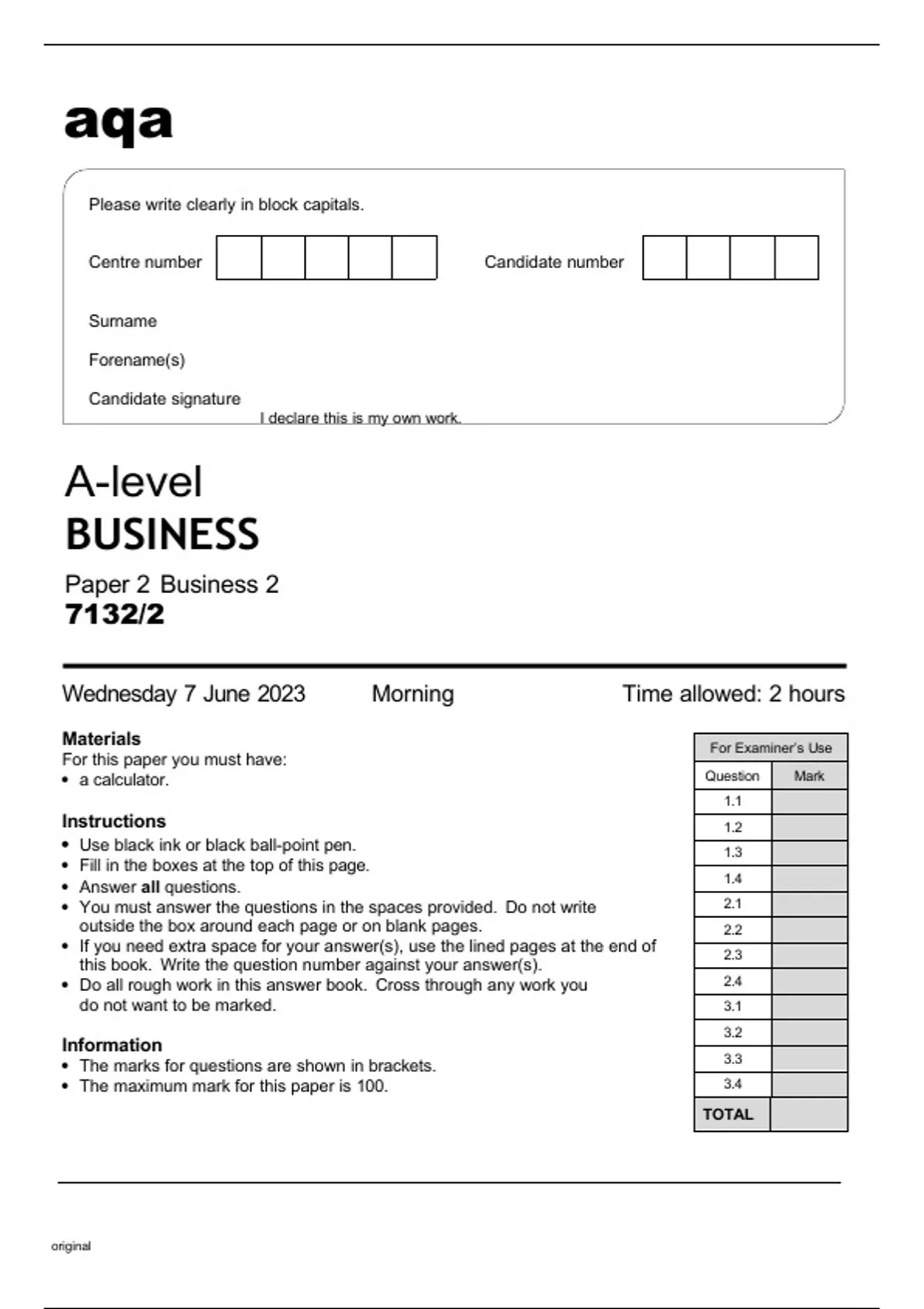 Aqa ALevel Business 7132/2 June2023 Question Paper ALevel Business 71322 QP Stuvia US