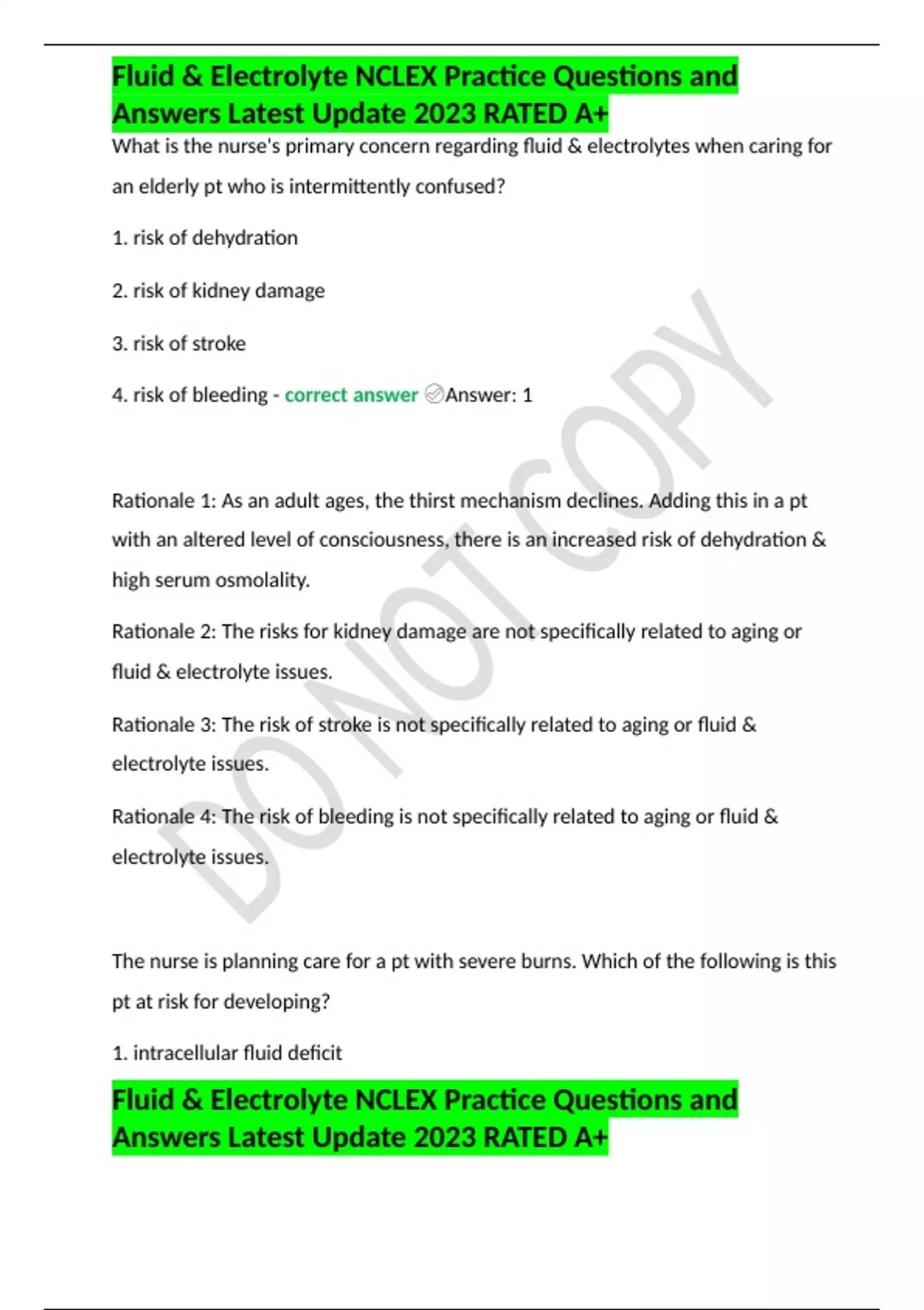 Fluid & Electrolyte NCLEX Practice Questions and Answers Latest Update