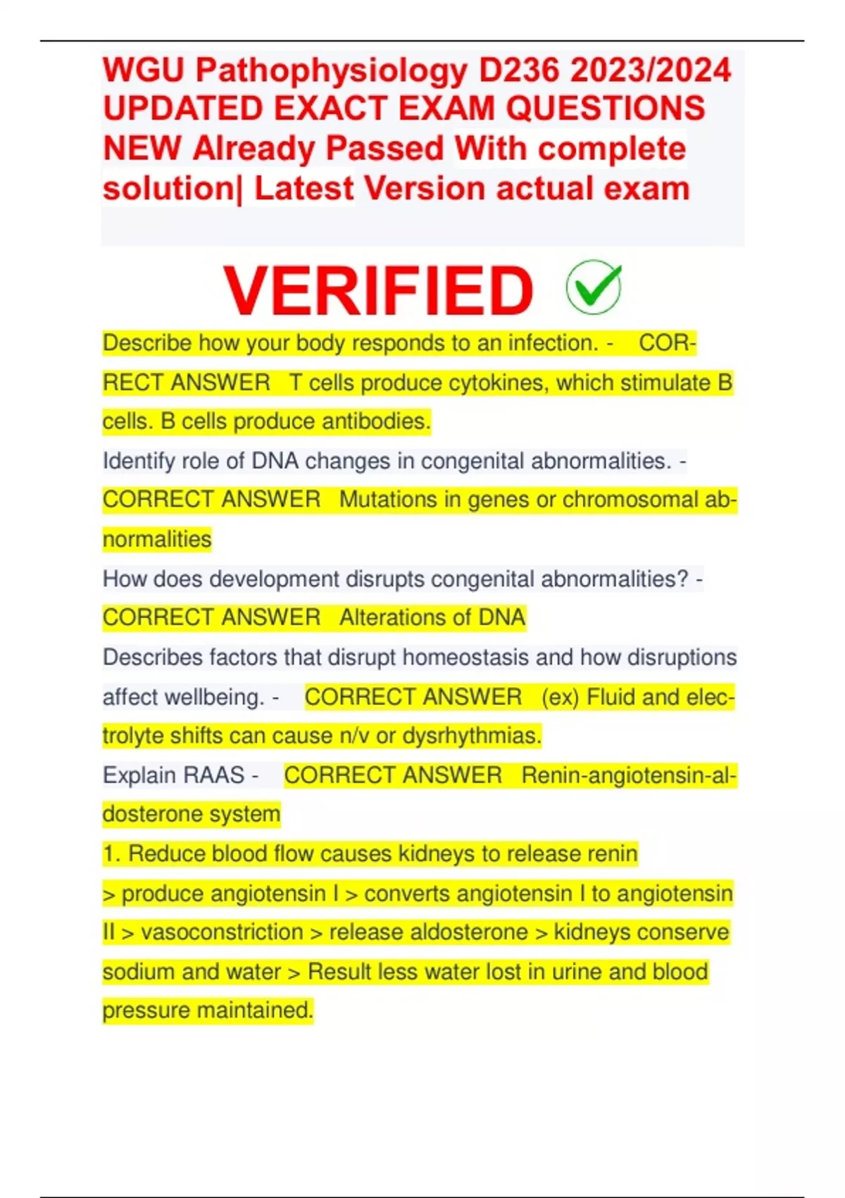 WGU Pathophysiology D236 2023/2024 UPDATED EXACT EXAM QUESTIONS NEW ...