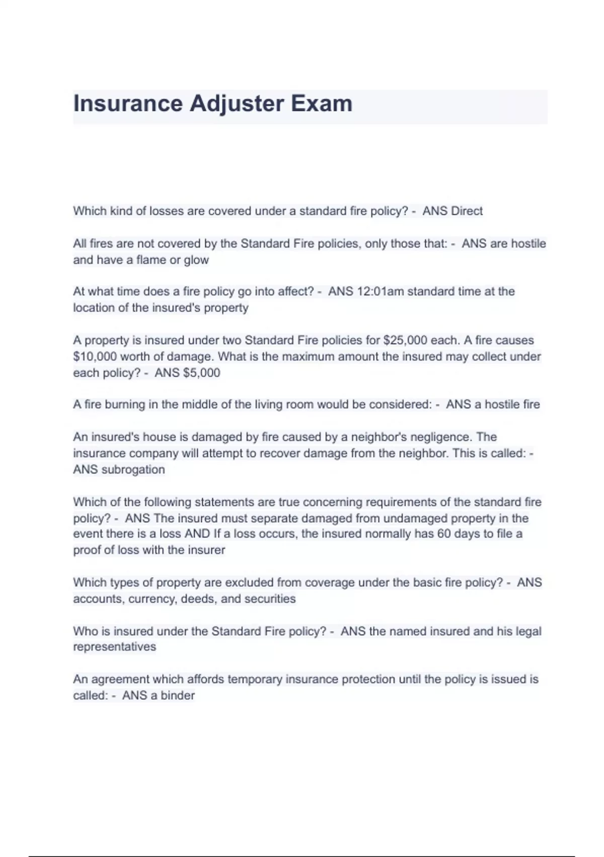 Florida Claims Adjuster Exam With Questions Answers 2023 A Graded