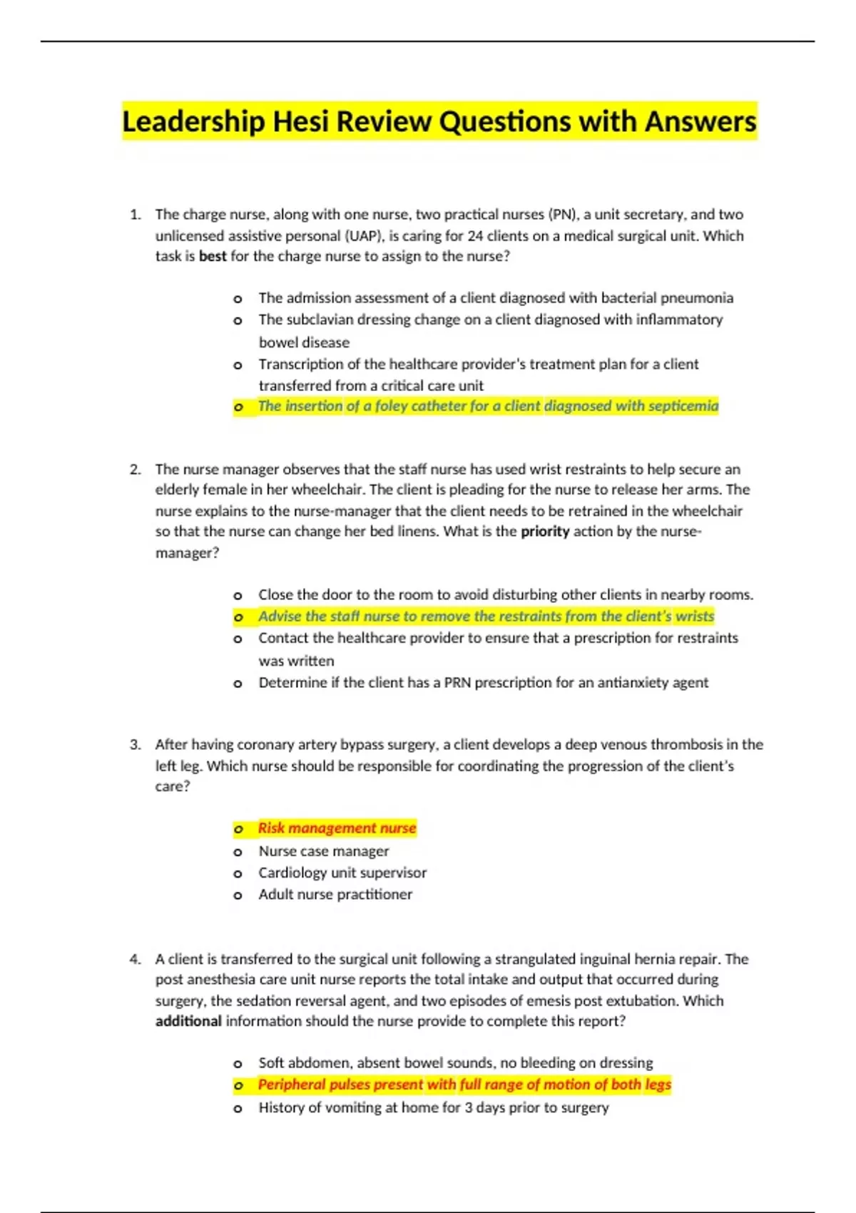 Leadership Hesi Review Questions with Answers - Leadenswers - Stuvia US