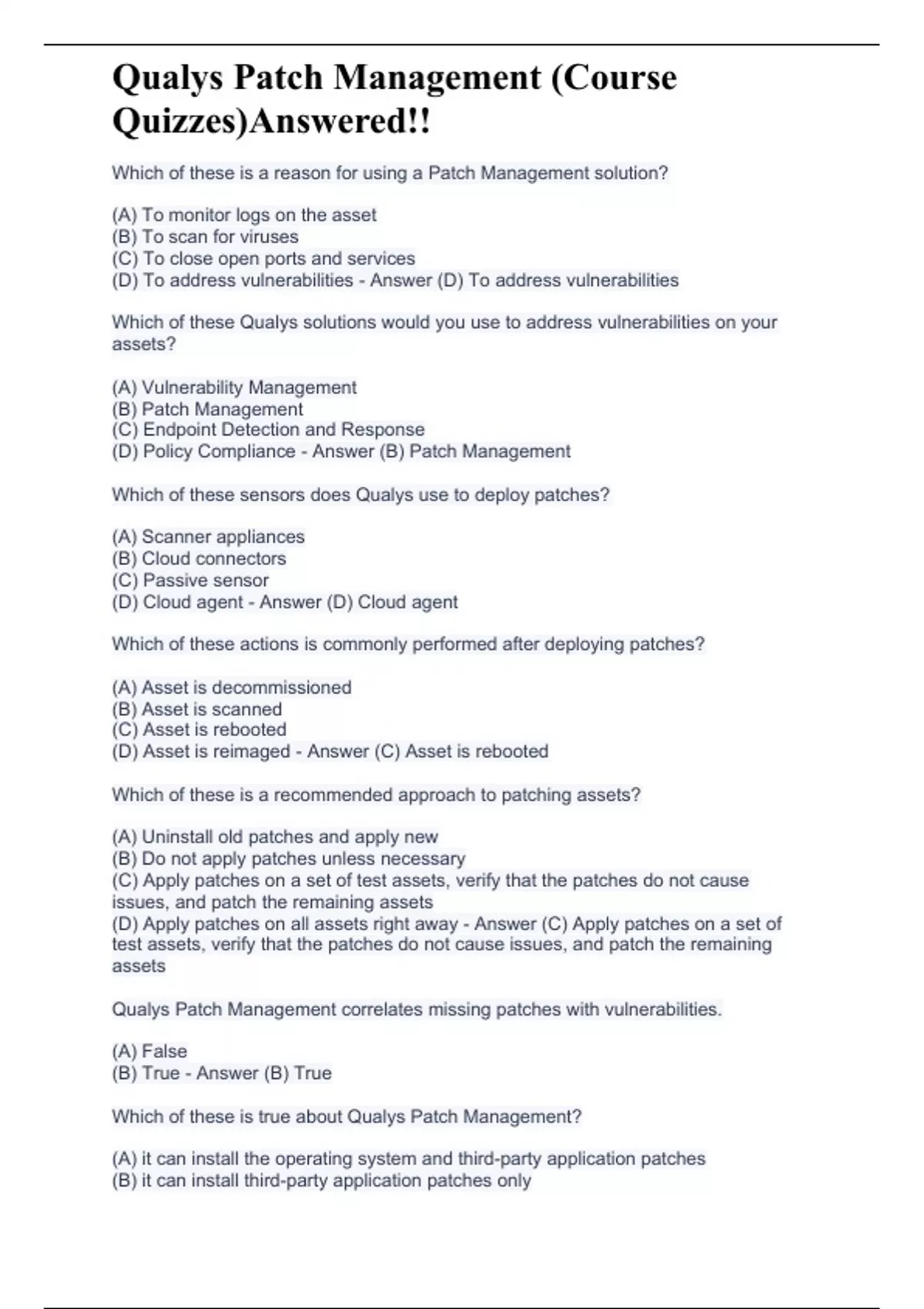 Qualys Patch Management (Course Quizzes)Answered!! - Qualys - Stuvia US