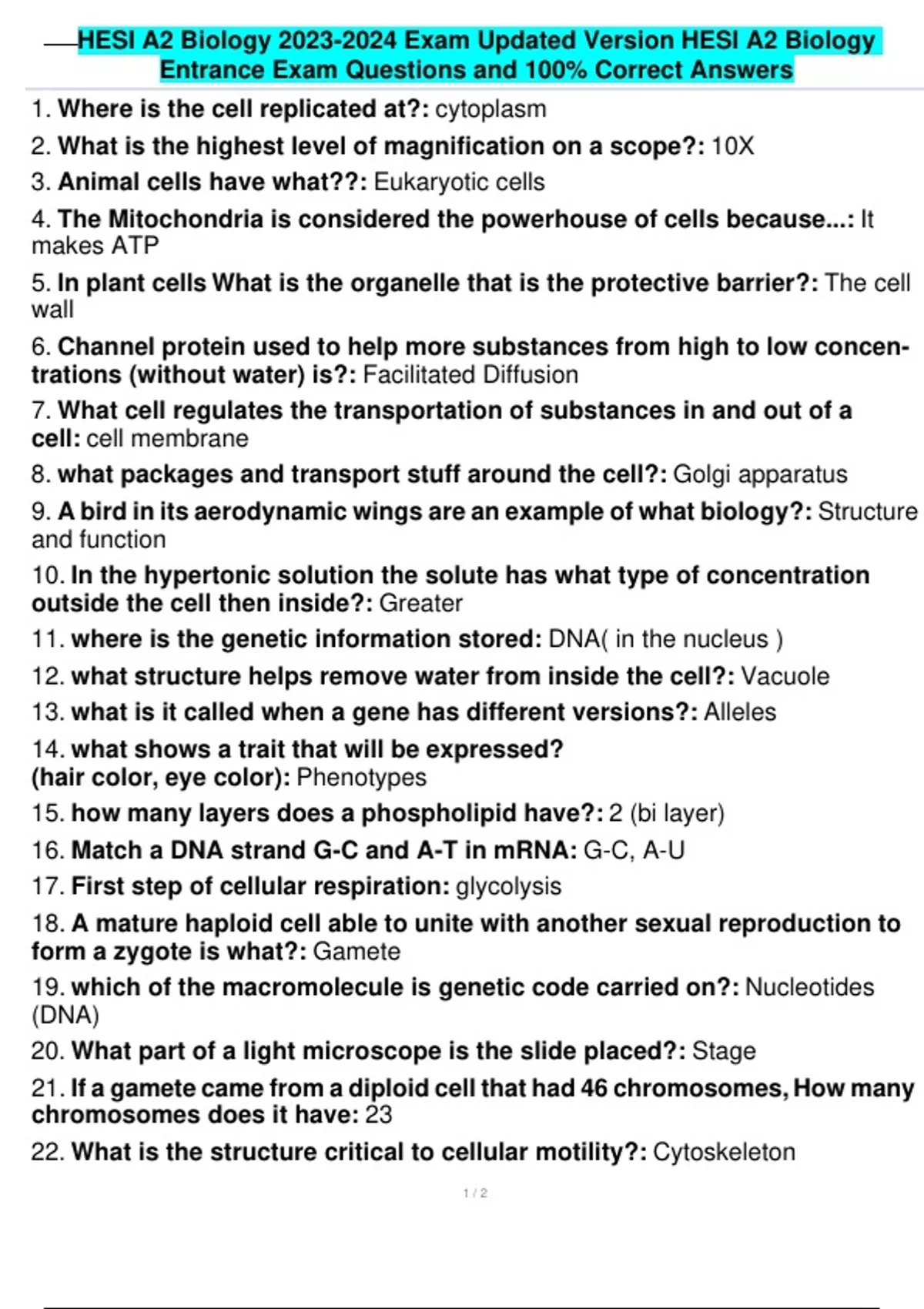 HESI A2 Biology Exam Updated Version HESI A2 Biology Entrance Exam ...