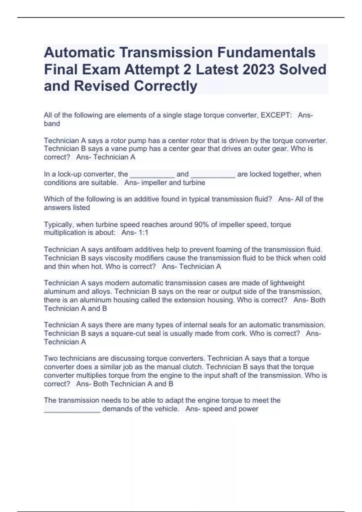 Automatic Transmission Fundamentals Final Exam Attempt 2 Latest 2023 Solved and Revised