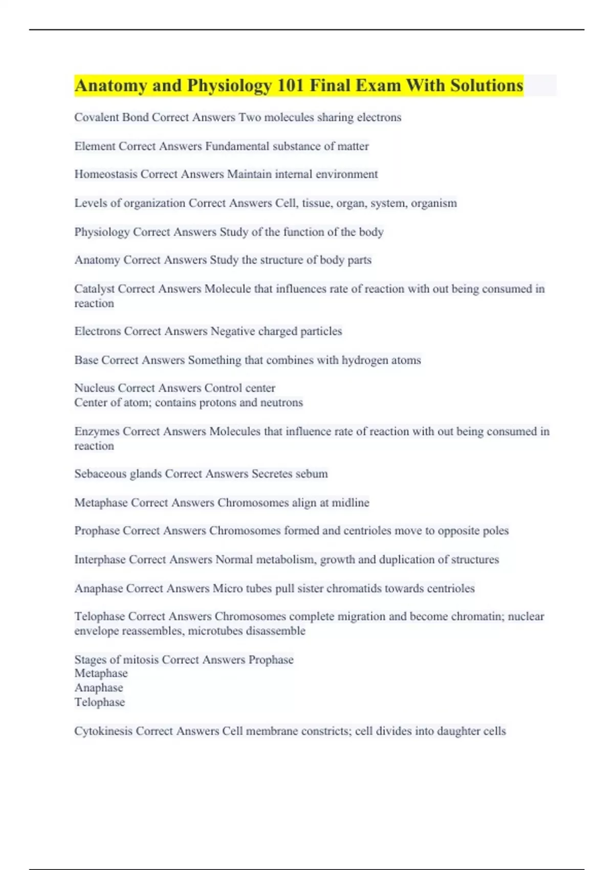 Anatomy and Physiology 101 Final Exam With Solutions - Human anatomy ...