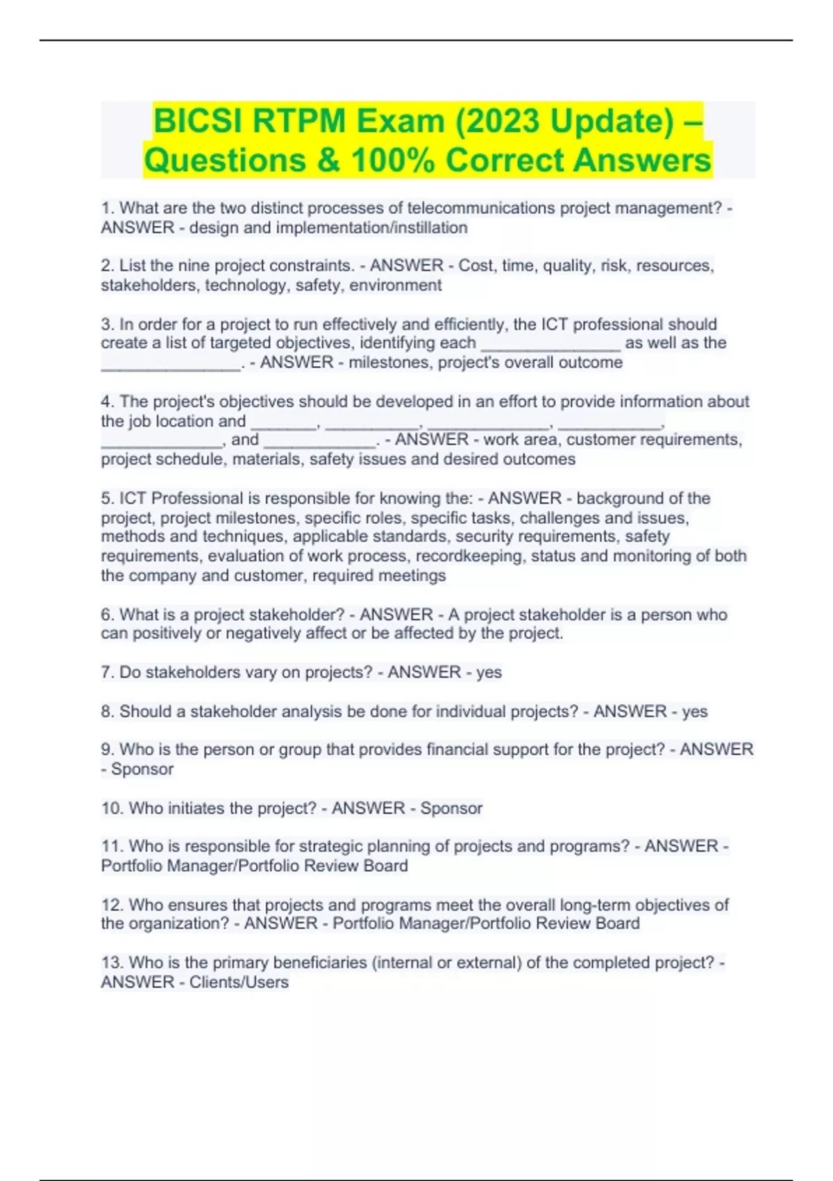 BICSI RTPM Exam (2023 Update) – Questions & 100% Correct Answers ...