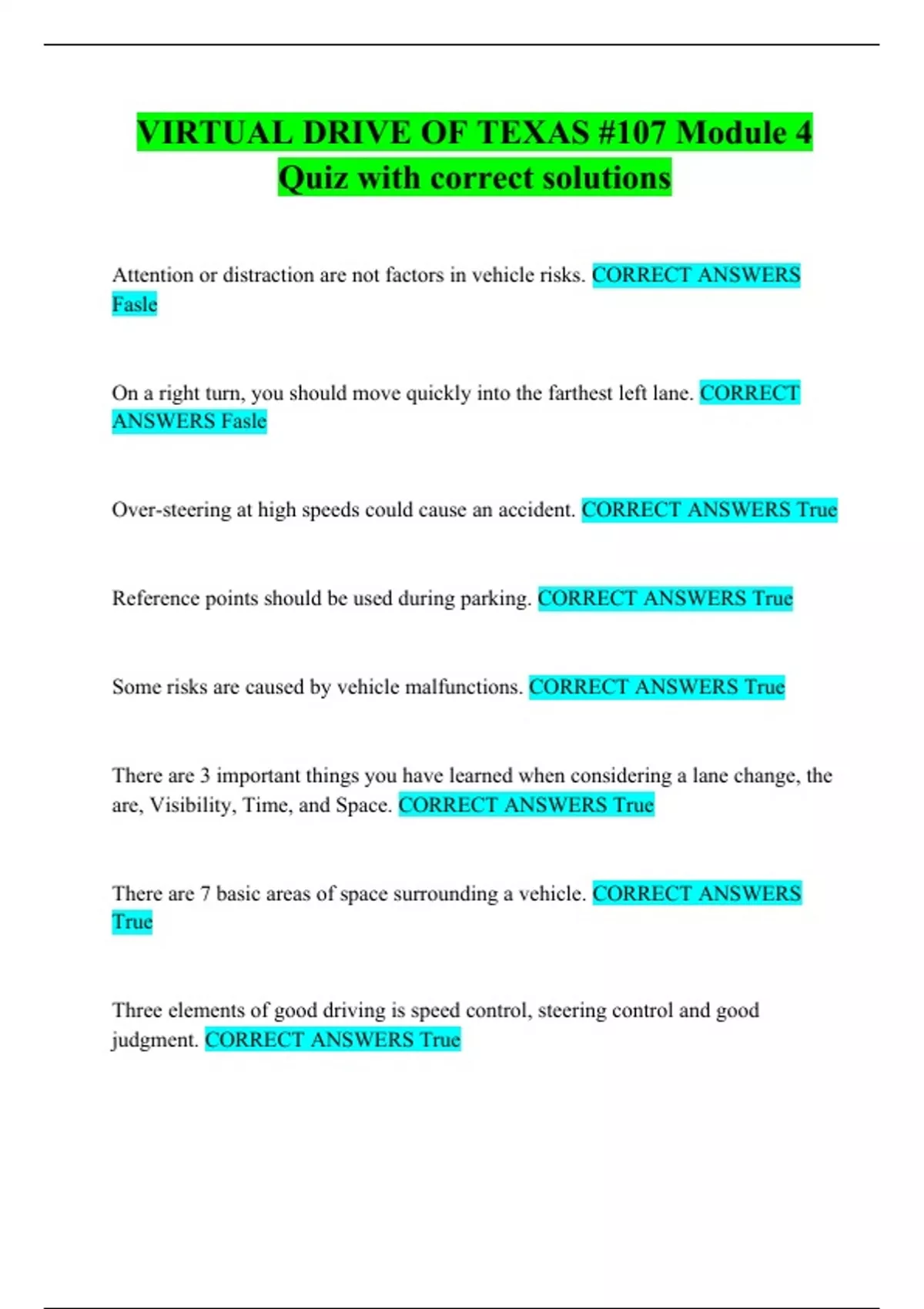 VIRTUAL DRIVE OF TEXAS 107 Module 4 Quiz with correct solutions