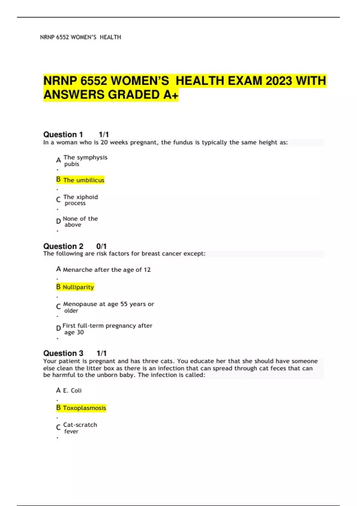 NRNP 6552 WOMEN’S HEALTH EXAM 2023 WITH ANSWERS GRADED A+ NRNP 6552