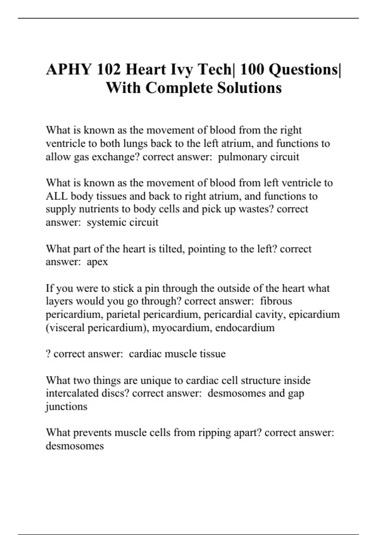 APHY 102 Heart Ivy Tech| 100 Questions| With Complete Solutions - APHY ...