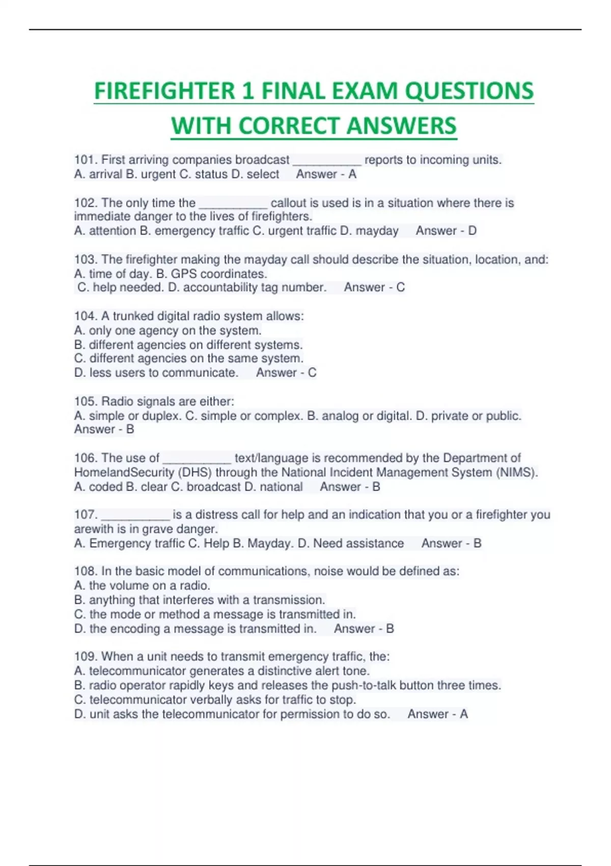 FIREFIGHTER 1 FINAL ER 1 FINAL EXAM QUESTIONS WITH CORRECT ANSWERS RATED A.XAM QUESTIONS WITH ...