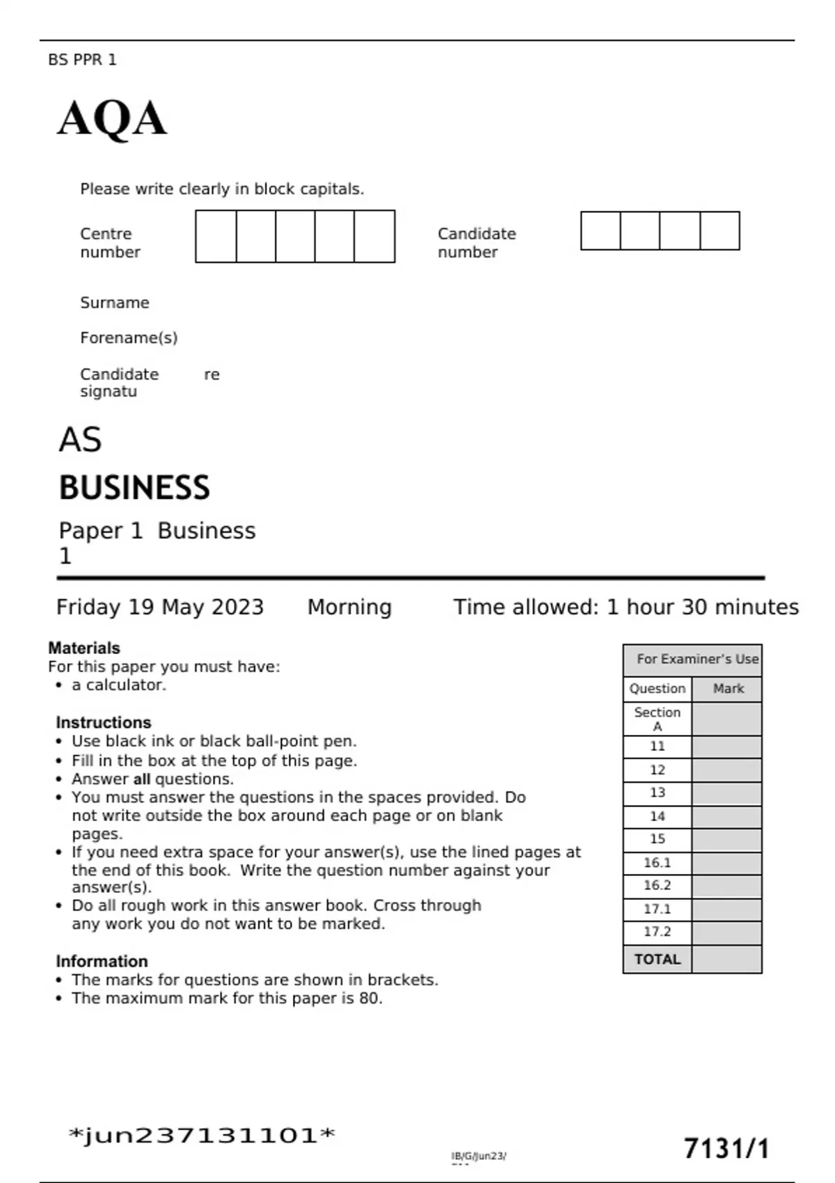 AQA AS BUSINESS Paper 1 Business 1 Friday 19 May 2023 AQA AS BUSINESS