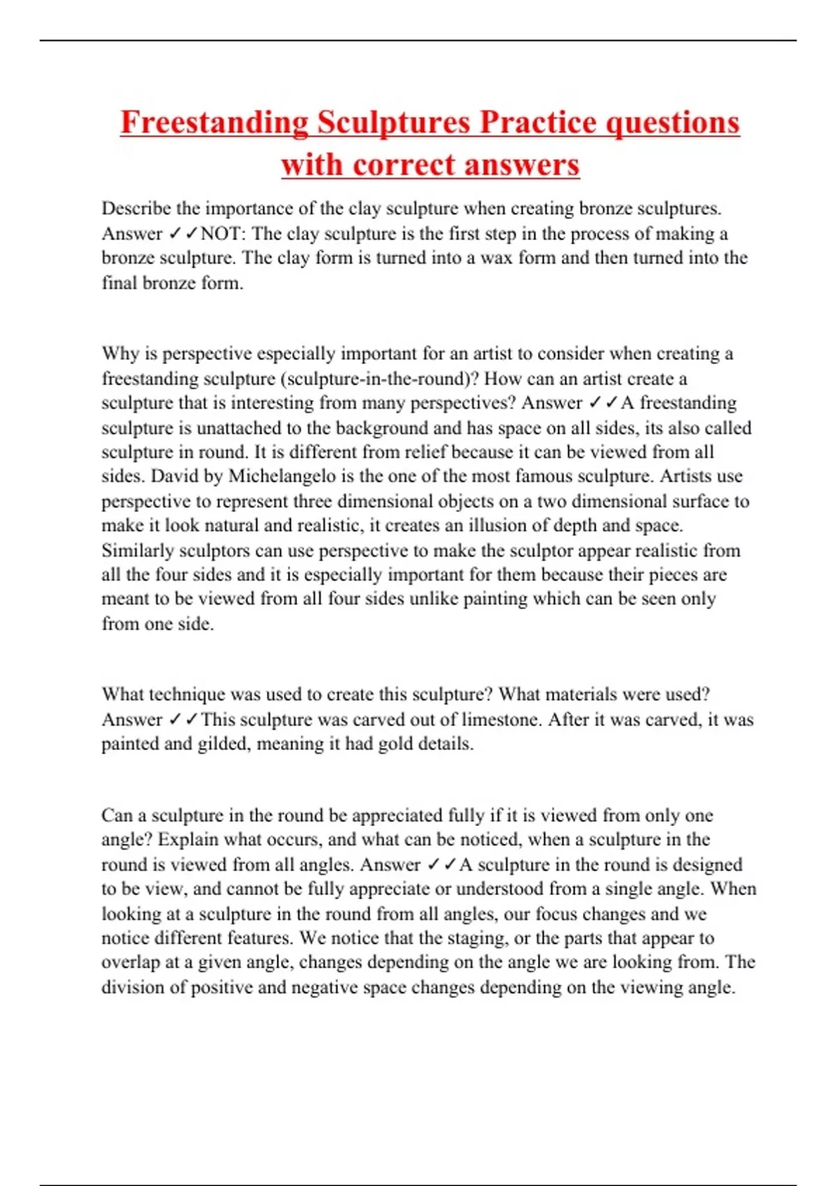 Freestanding Sculptures Practice questions with correct answers