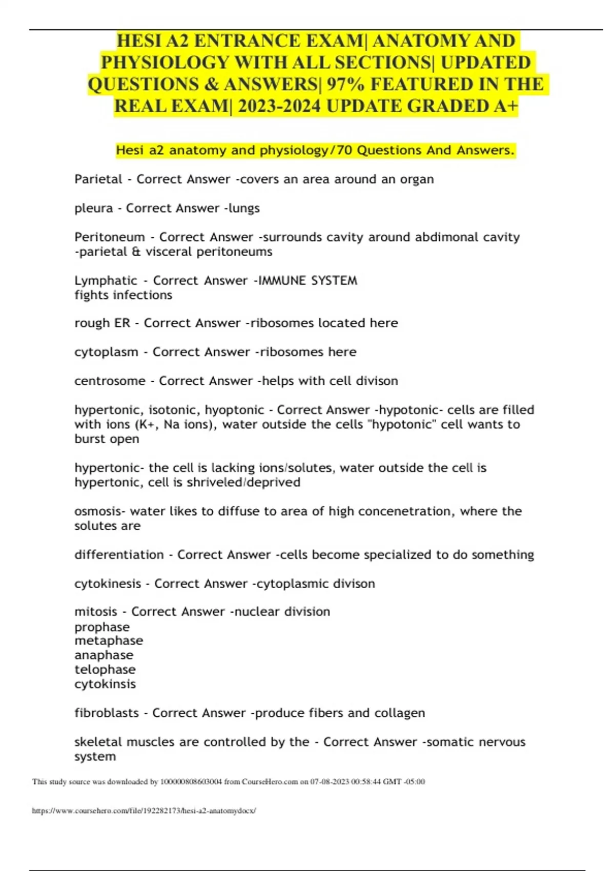 Hesi A2 Entrance Exam Anatomy And Physiology With All Sections