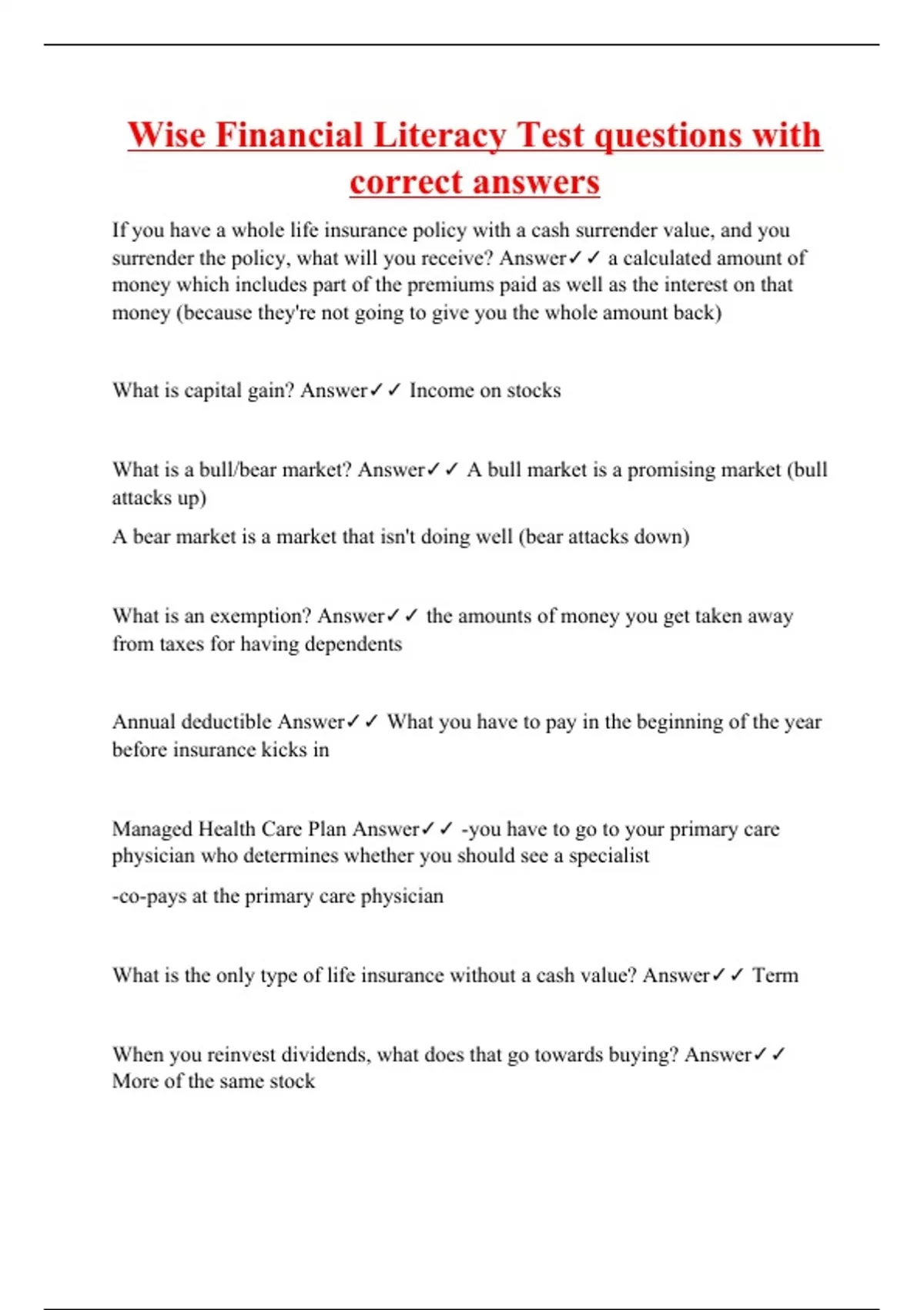 Wise Financial Literacy Test questions with correct answers Wise