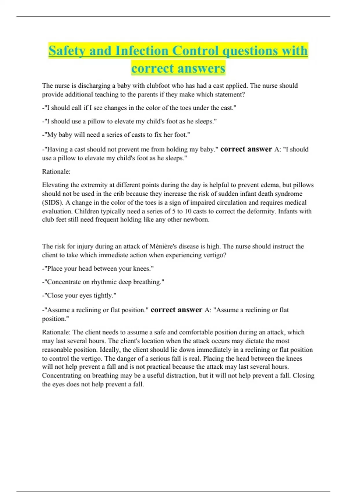 Safety and Infection Control questions with correct answers Safety