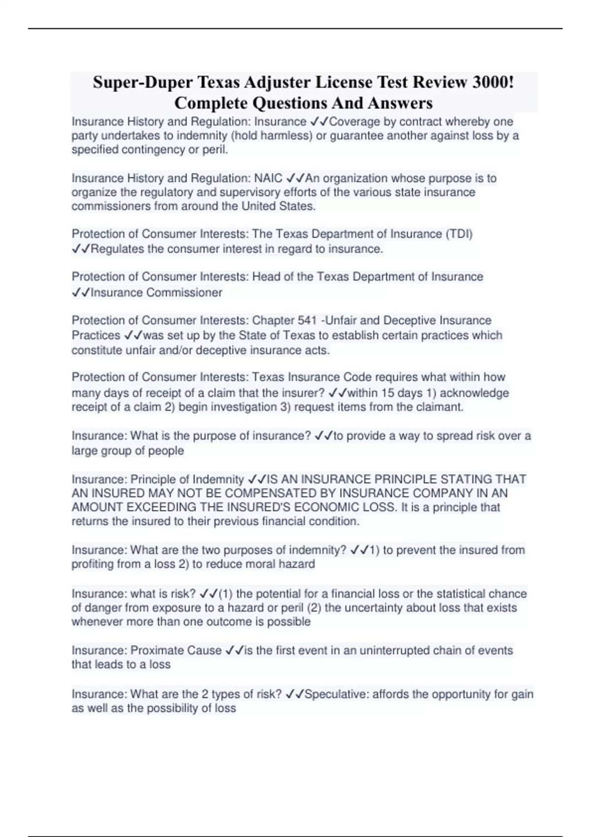 SuperDuper Texas Adjuster License Test Review 3000! Complete Questions And Answers Texas